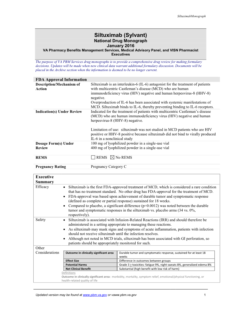 Siltuximab (Sylvant) National Drug Monograph January 2016 VA Pharmacy Benefits Management Services, Medical Advisory Panel, and VISN Pharmacist Executives