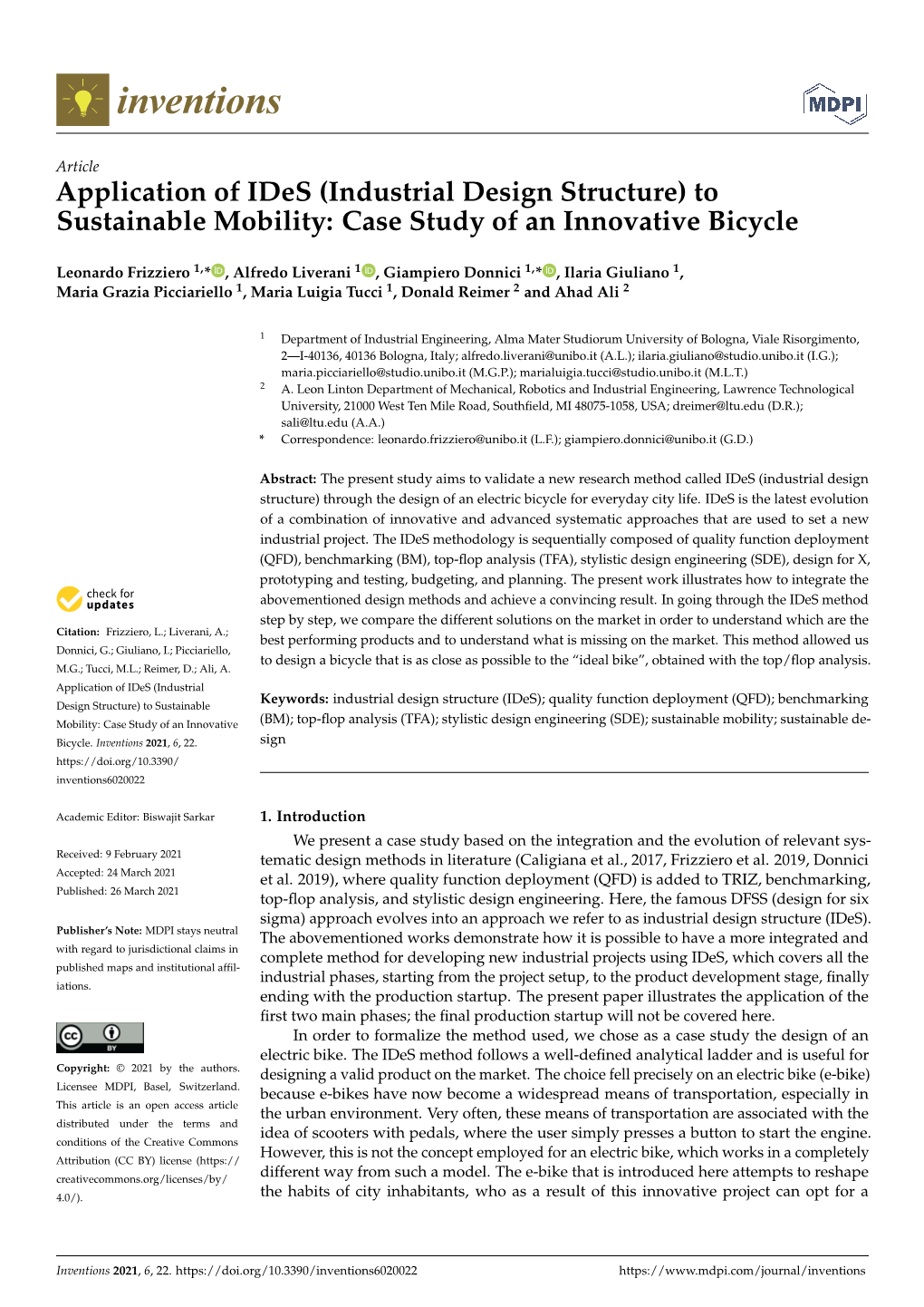 Industrial Design Structure) to Sustainable Mobility: Case Study of an Innovative Bicycle