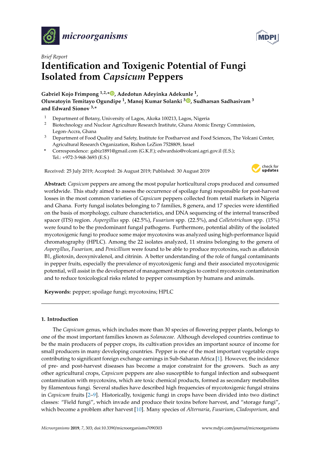 Identification and Toxigenic Potential of Fungi Isolated from Capsicum