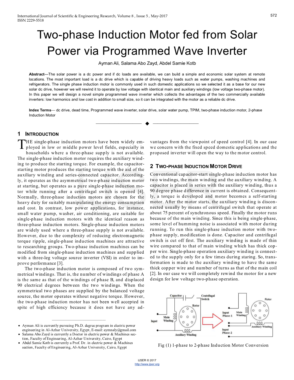 Two-Phase Induction Motor Fed from Solar Power Via Programmed Wave Inverter Ayman Ali, Salama Abo Zayd, Abdel Samie Kotb