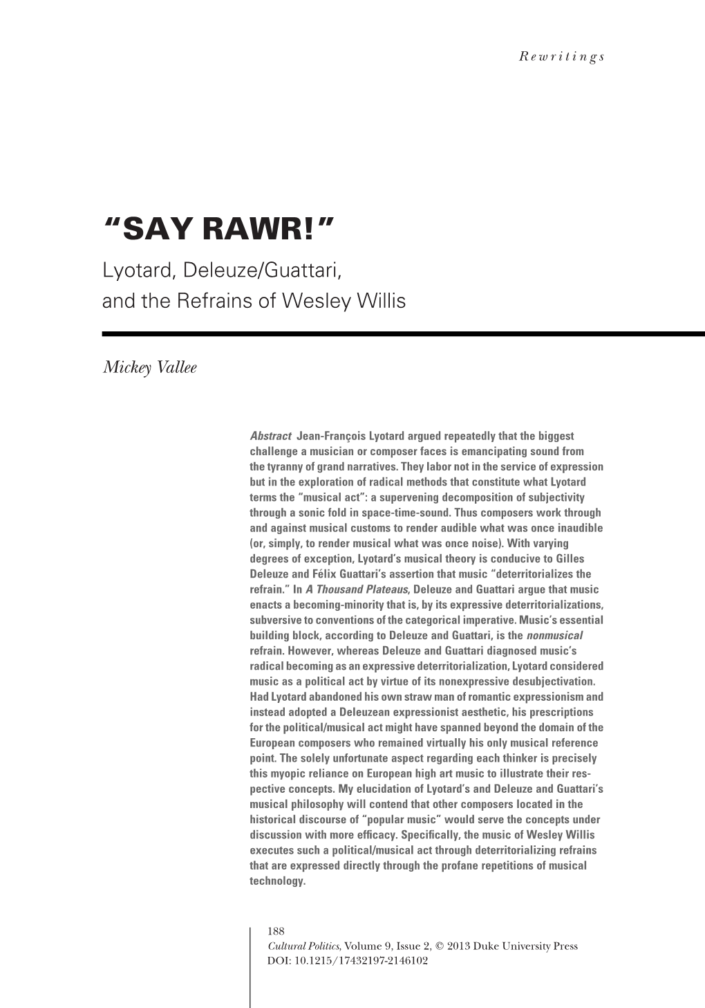 “SAY RAWR!” Lyotard, Deleuze/Guattari, and the Refrains of Wesley Willis