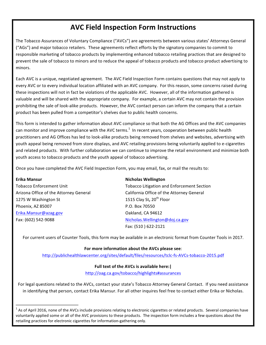 AVC Field Inspection Form Instructions