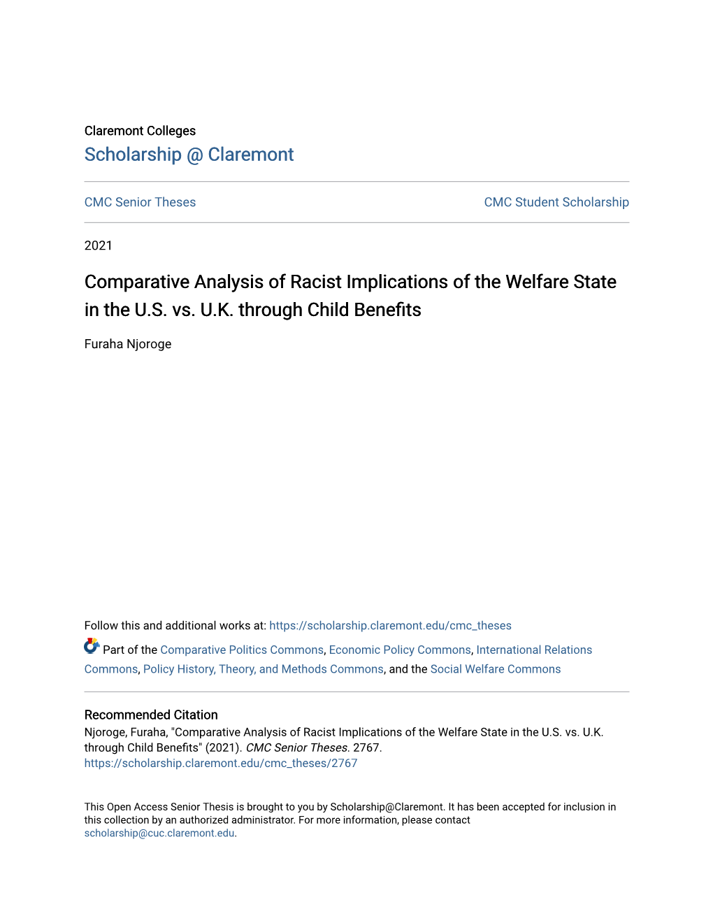 Comparative Analysis of Racist Implications of the Welfare State in the U.S