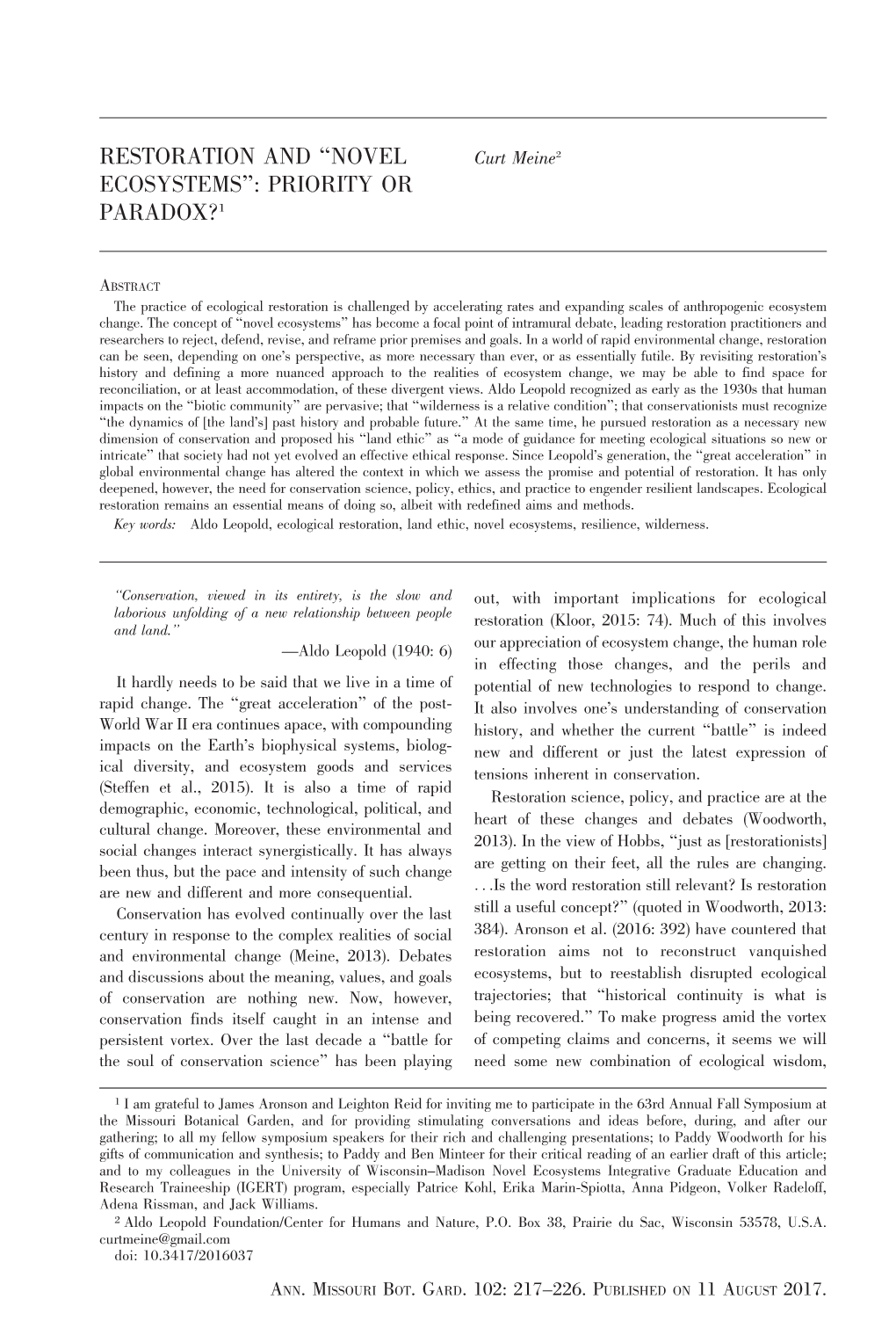 RESTORATION and ‘‘NOVEL Curt Meine2 ECOSYSTEMS’’: PRIORITY OR PARADOX?1