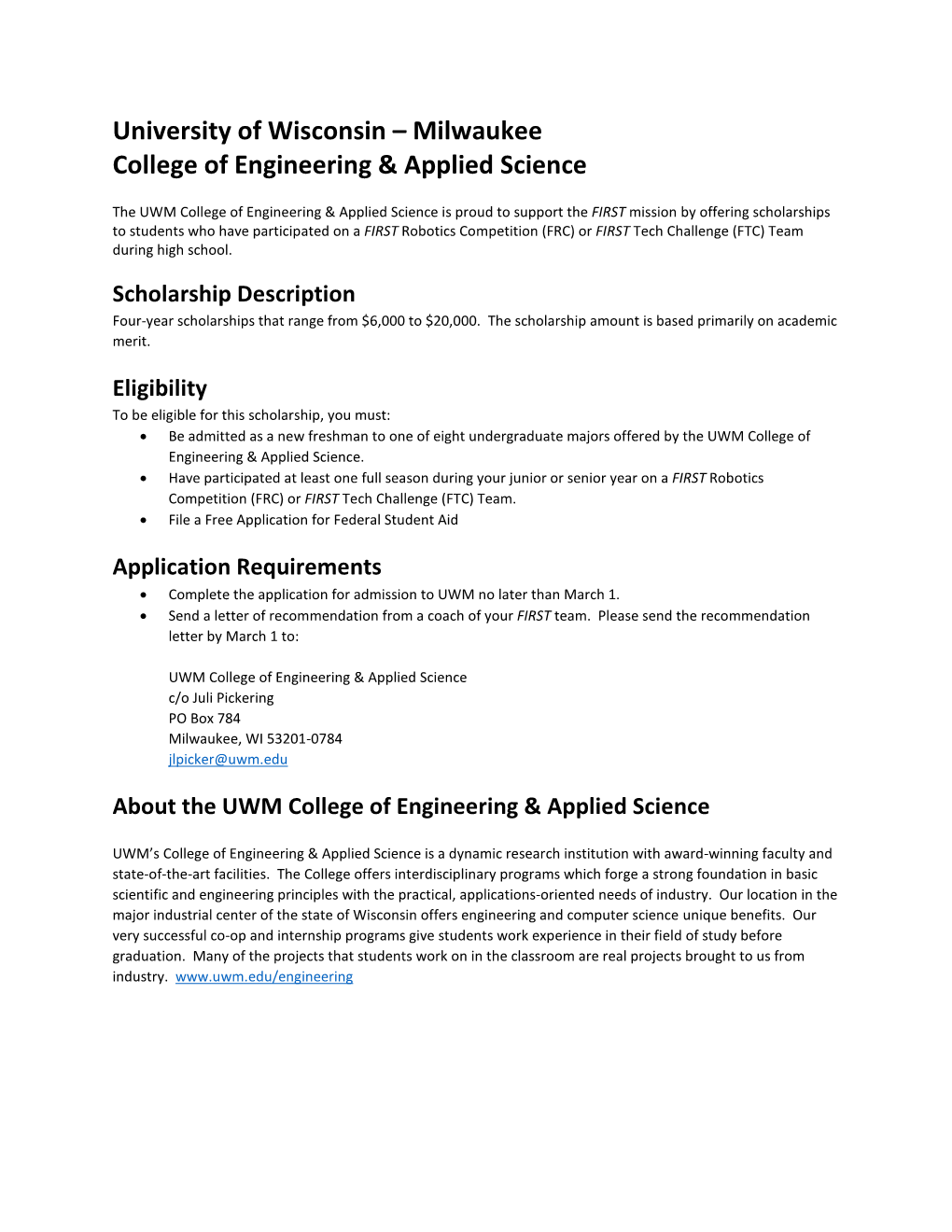 University of Wisconsin – Milwaukee College of Engineering & Applied