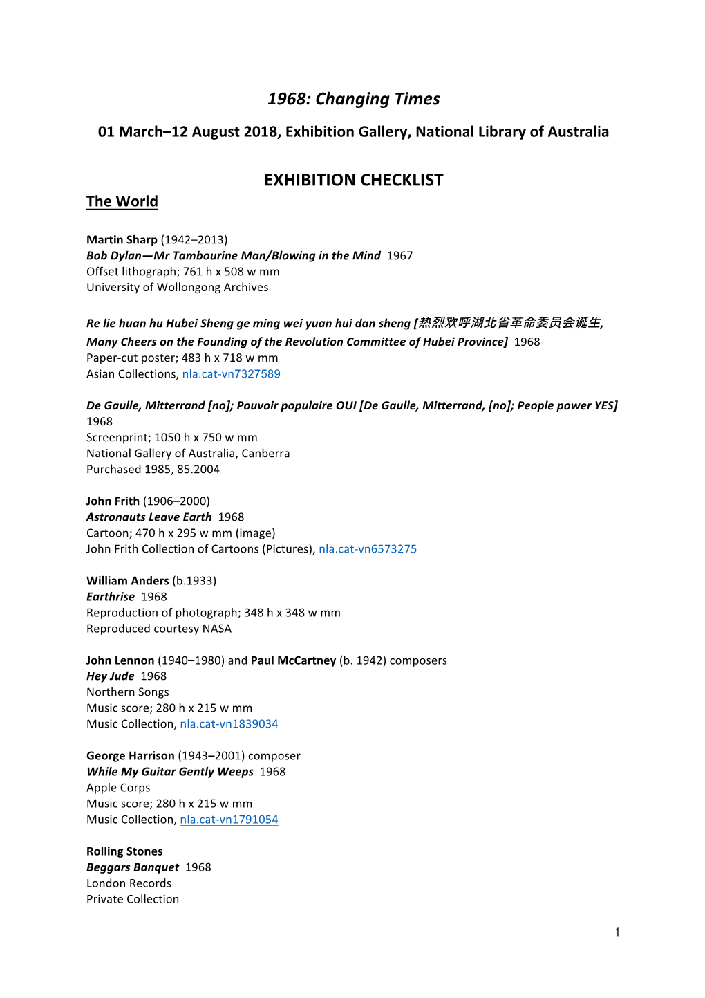 EXHIBITION CHECKLIST the World