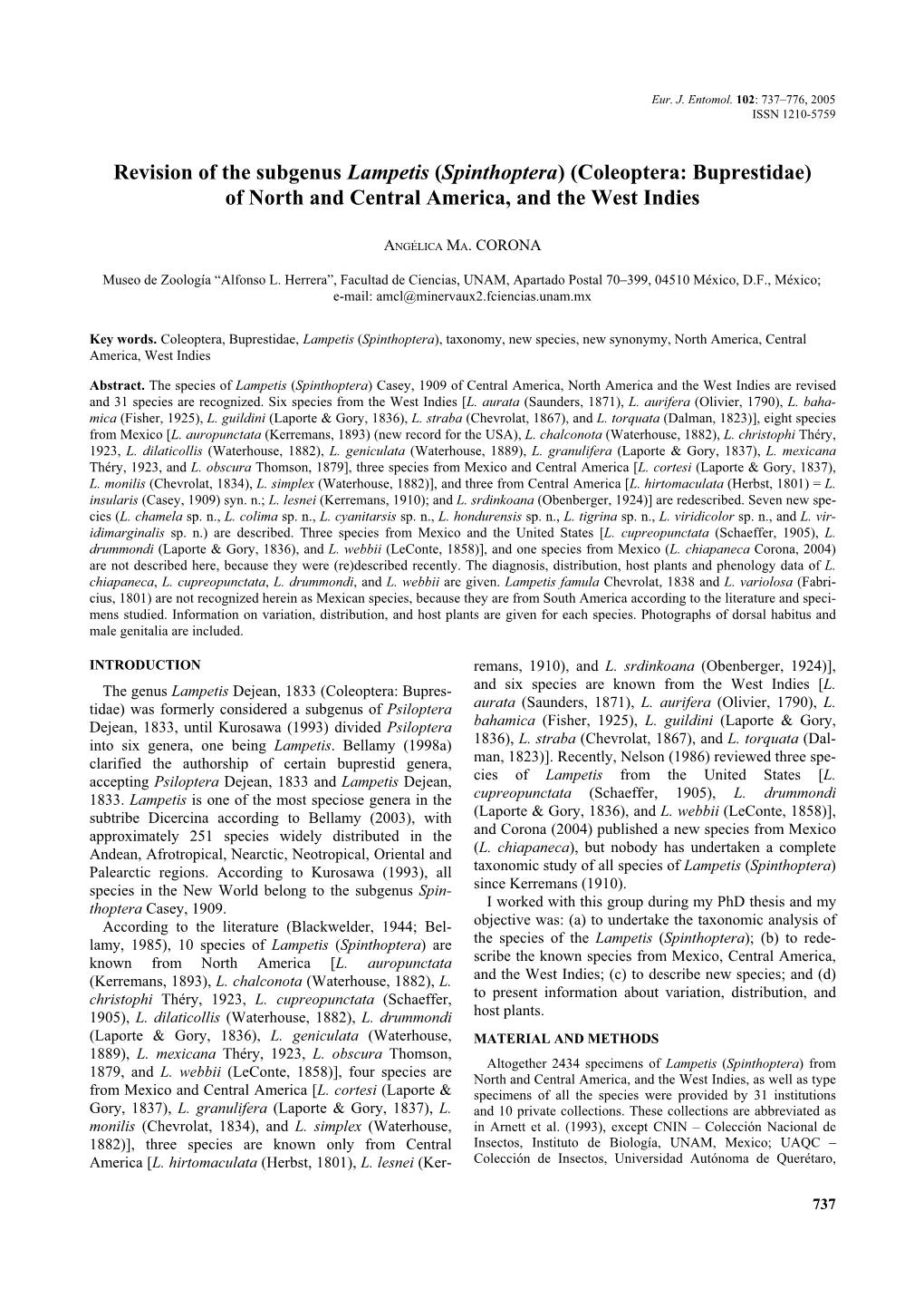 Revision of the Subgenus Lampetis (Spinthoptera) (Coleoptera: Buprestidae) of North and Central America, and the West Indies