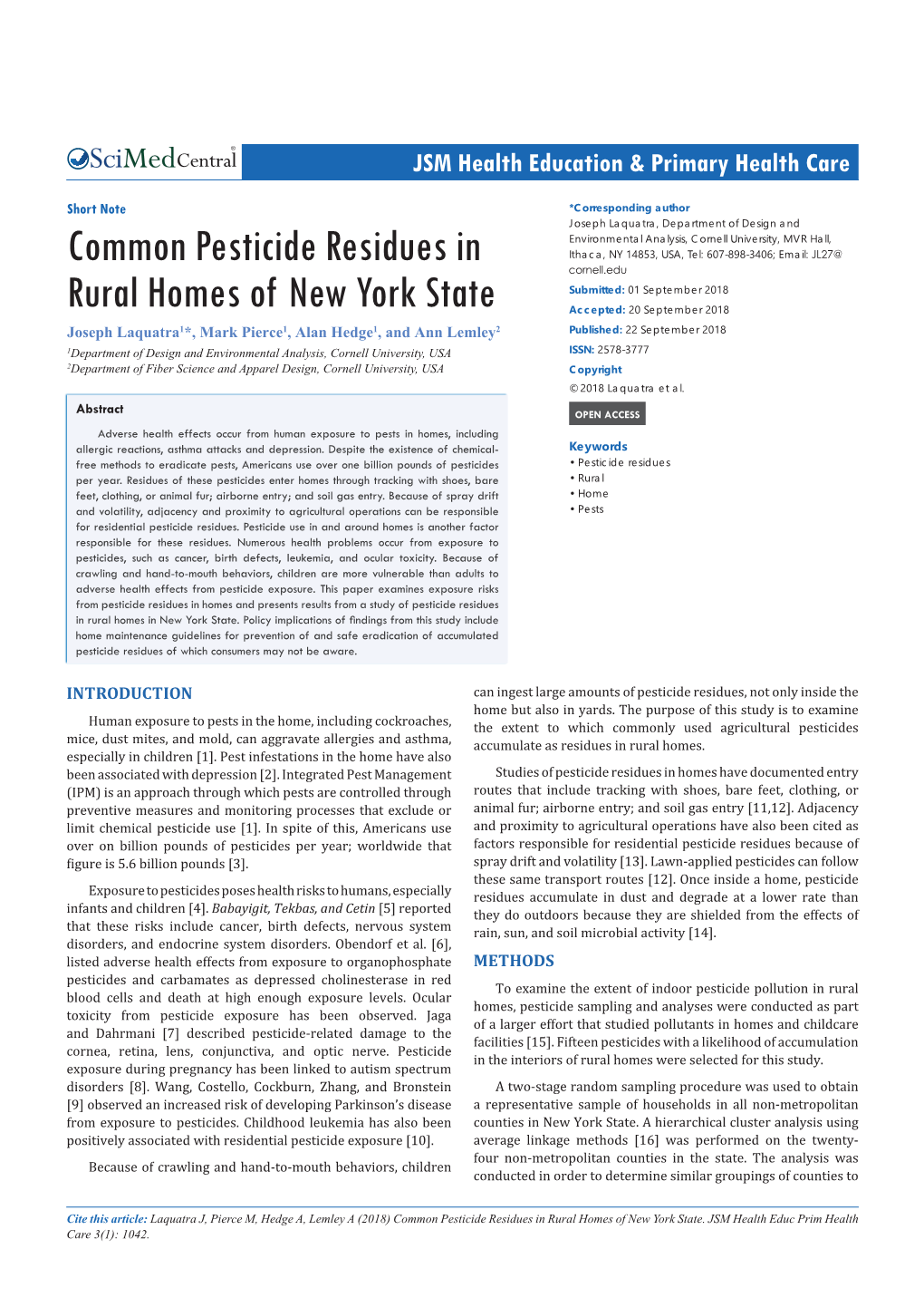 Common Pesticide Residues in Rural Homes of New York State