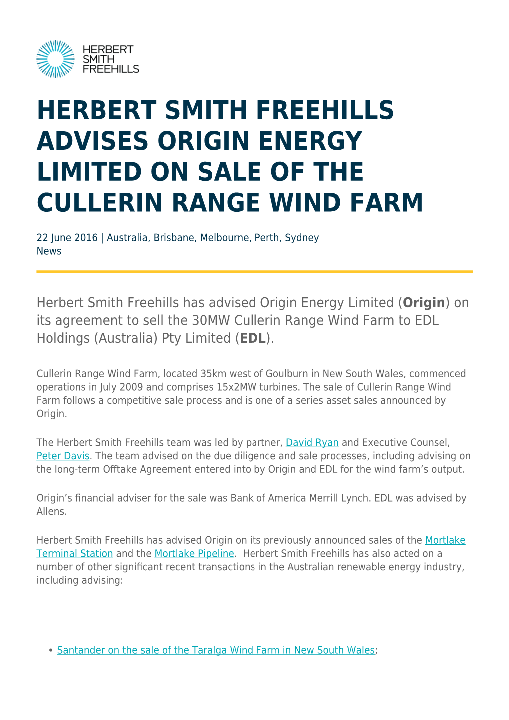 Herbert Smith Freehills Advises Origin Energy Limited on Sale of the Cullerin Range Wind Farm