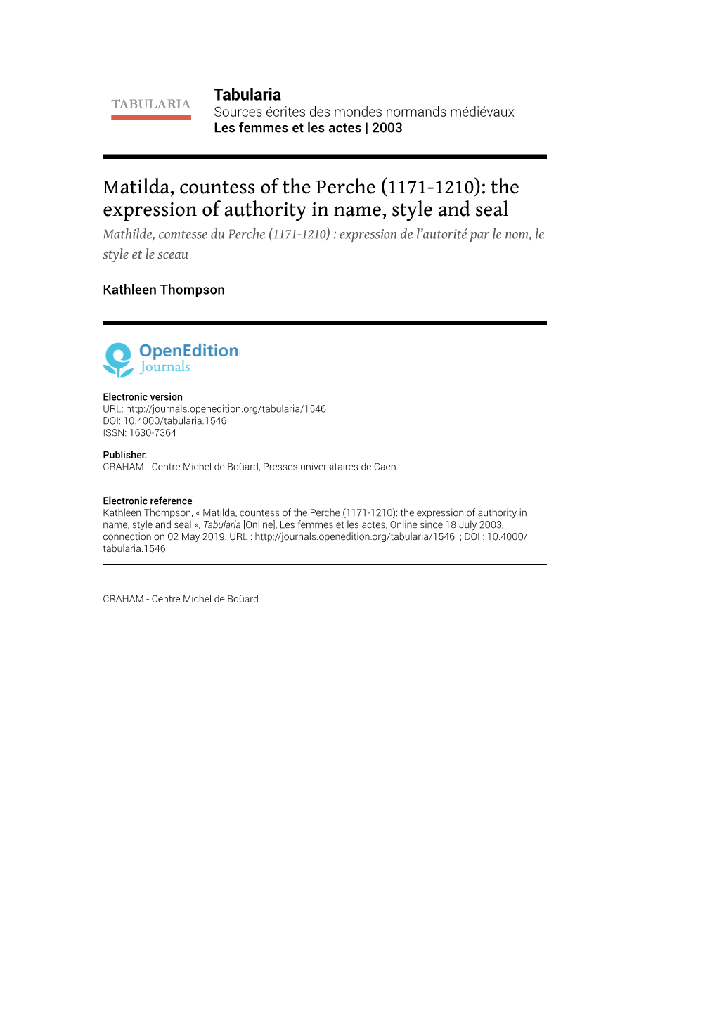 Matilda, Countess of the Perche \(1171-1210\): the Expression Of