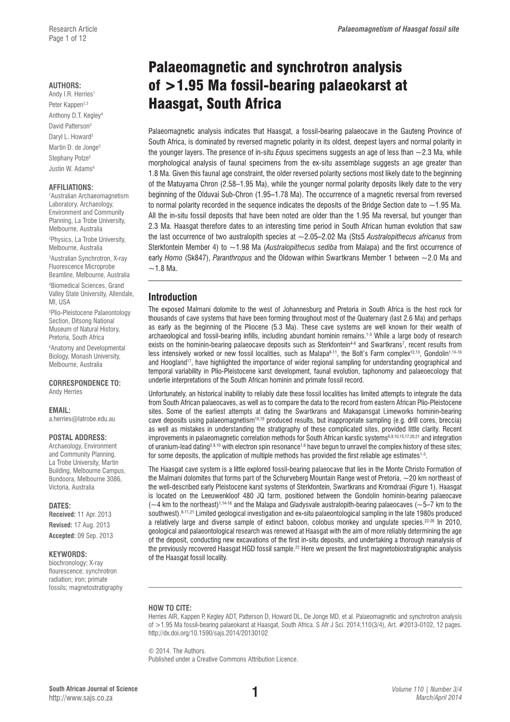 Palaeomagnetic and Synchrotron Analysis of >1.95 Ma Fossil-Bearing