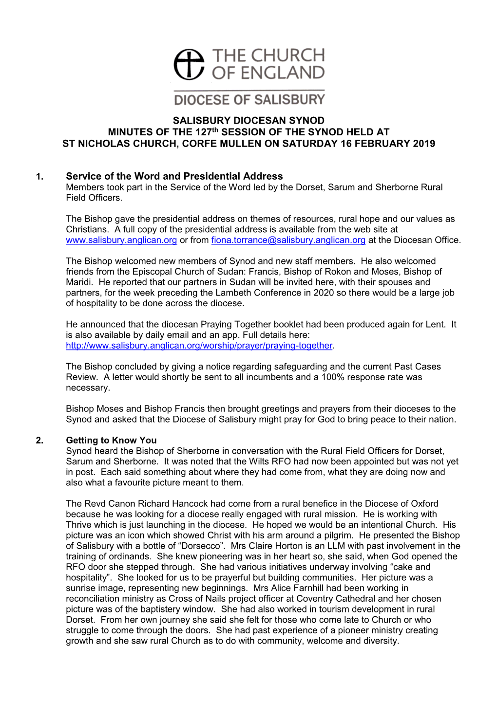 SALISBURY DIOCESAN SYNOD MINUTES of the 127Th SESSION of the SYNOD HELD at ST NICHOLAS CHURCH, CORFE MULLEN on SATURDAY 16 FEBRUARY 2019