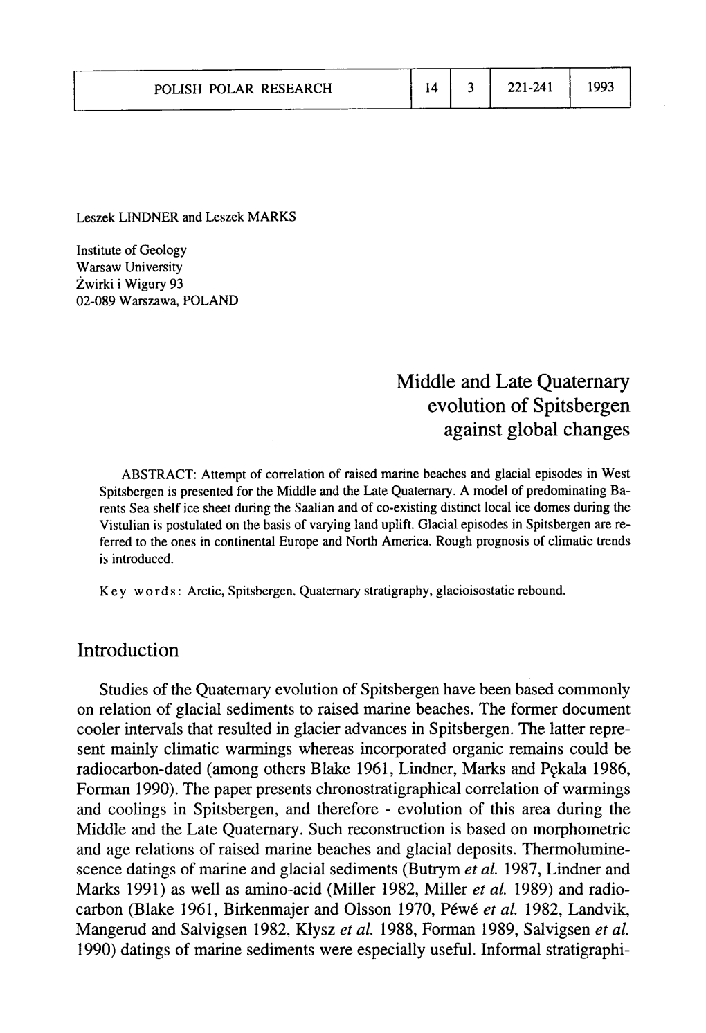 Middle and Late Quaternary Evolution of Spitsbergen Against Global Changes