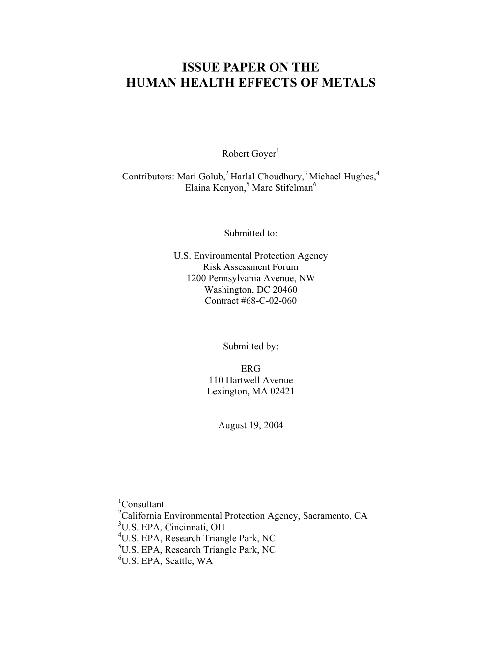 Issue Paper on the Human Health Effects of Metals (Pdf)