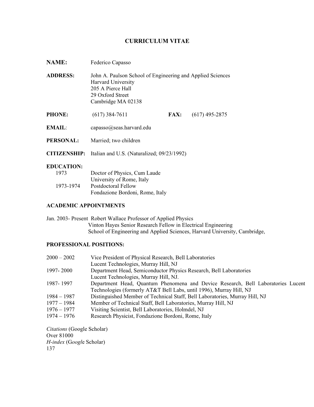 Curriculum Vitae Name