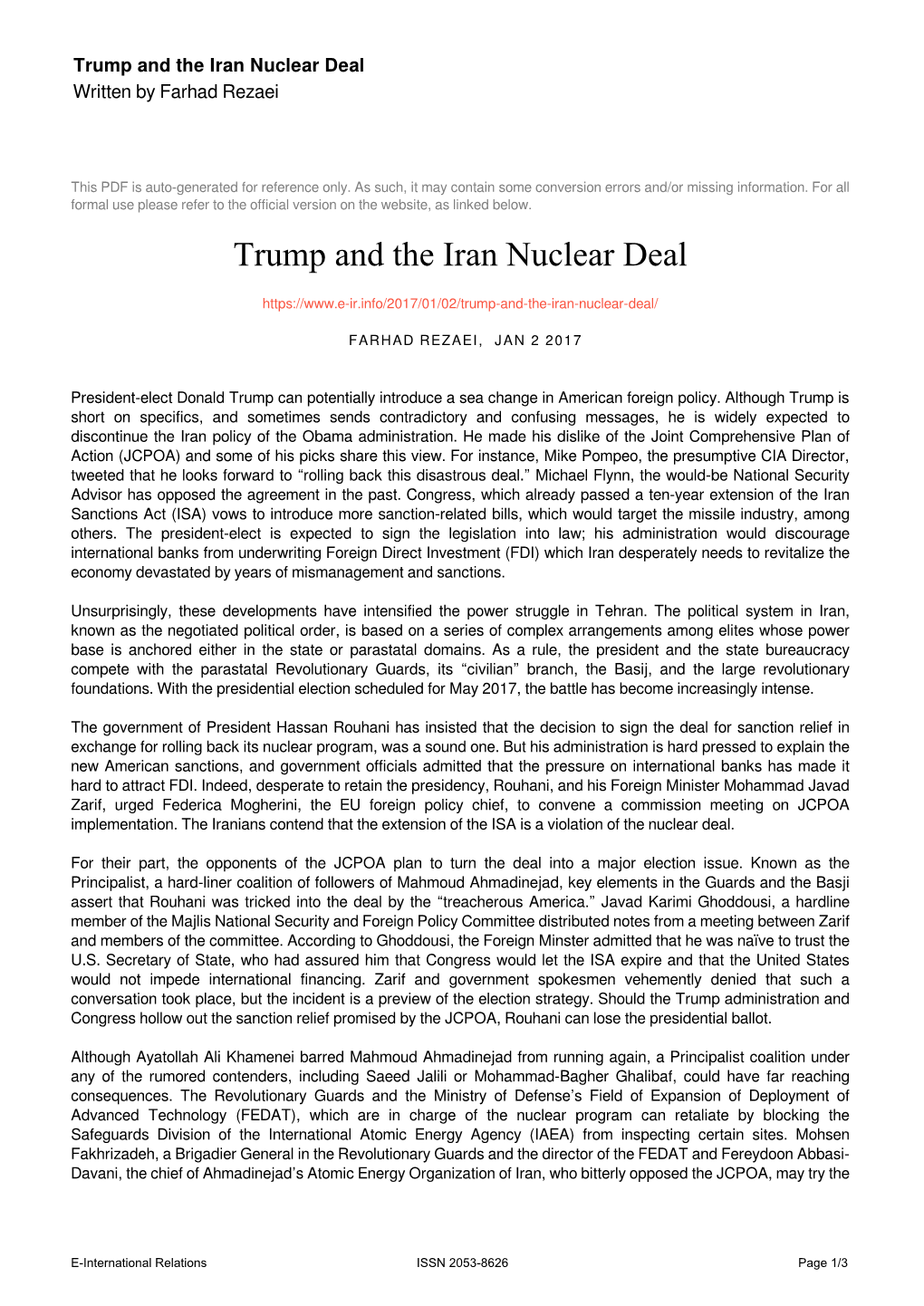 Trump and the Iran Nuclear Deal Written by Farhad Rezaei