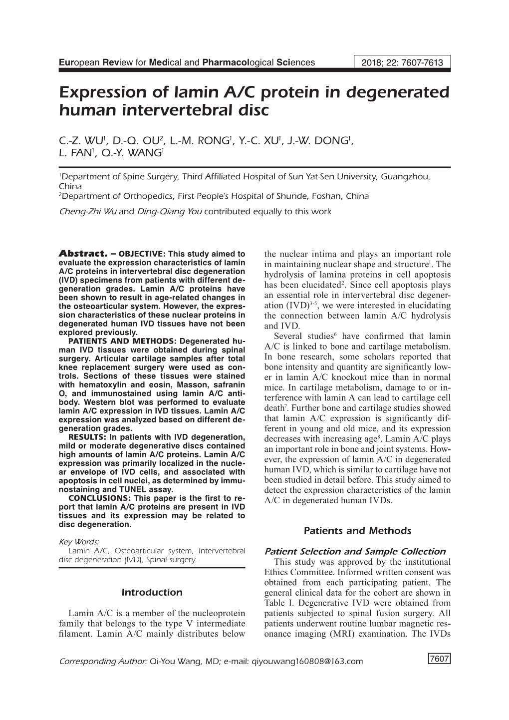 Expression of Lamin A/C Protein in Degenerated Human Intervertebral Disc