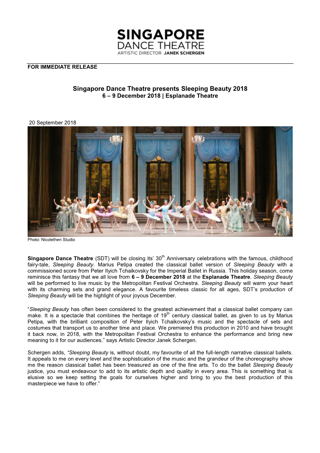 Singapore Dance Theatre Presents Sleeping Beauty 2018 6 – 9 December 2018 | Esplanade Theatre