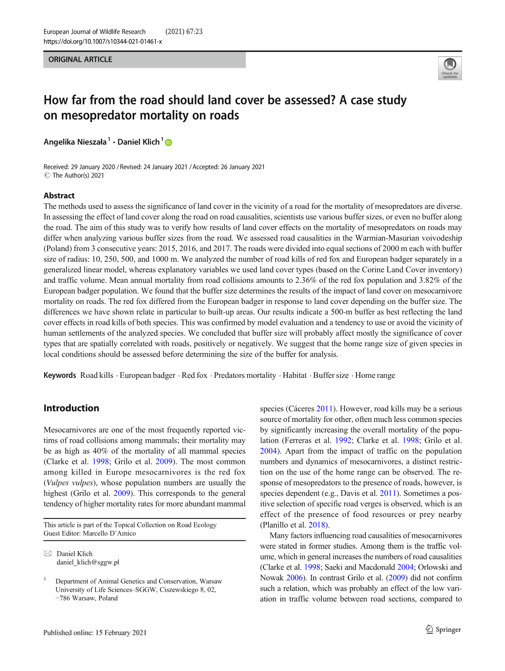 How Far from the Road Should Land Cover Be Assessed? a Case Study on Mesopredator Mortality on Roads