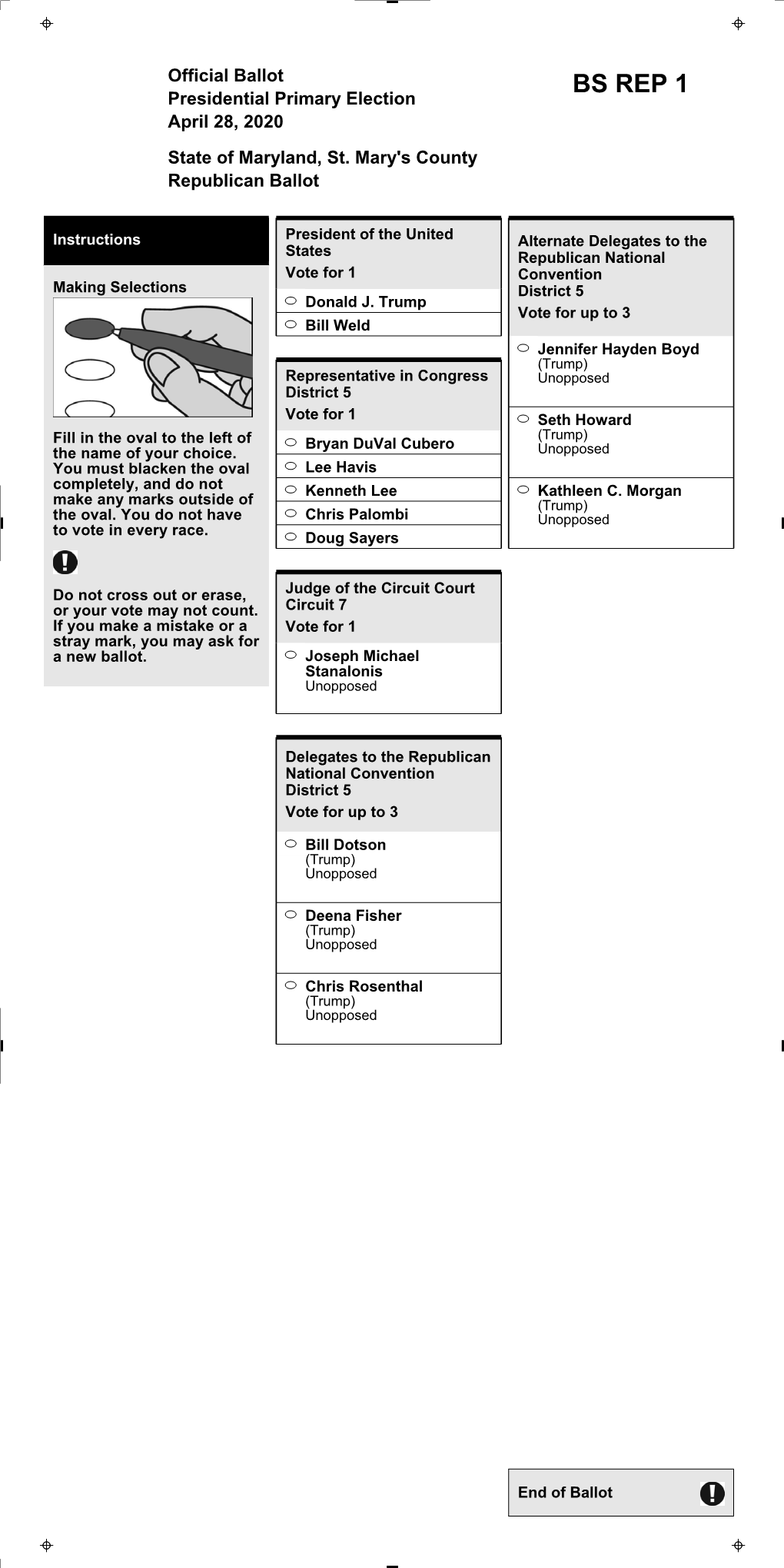 St. Mary's County Republican Ballot
