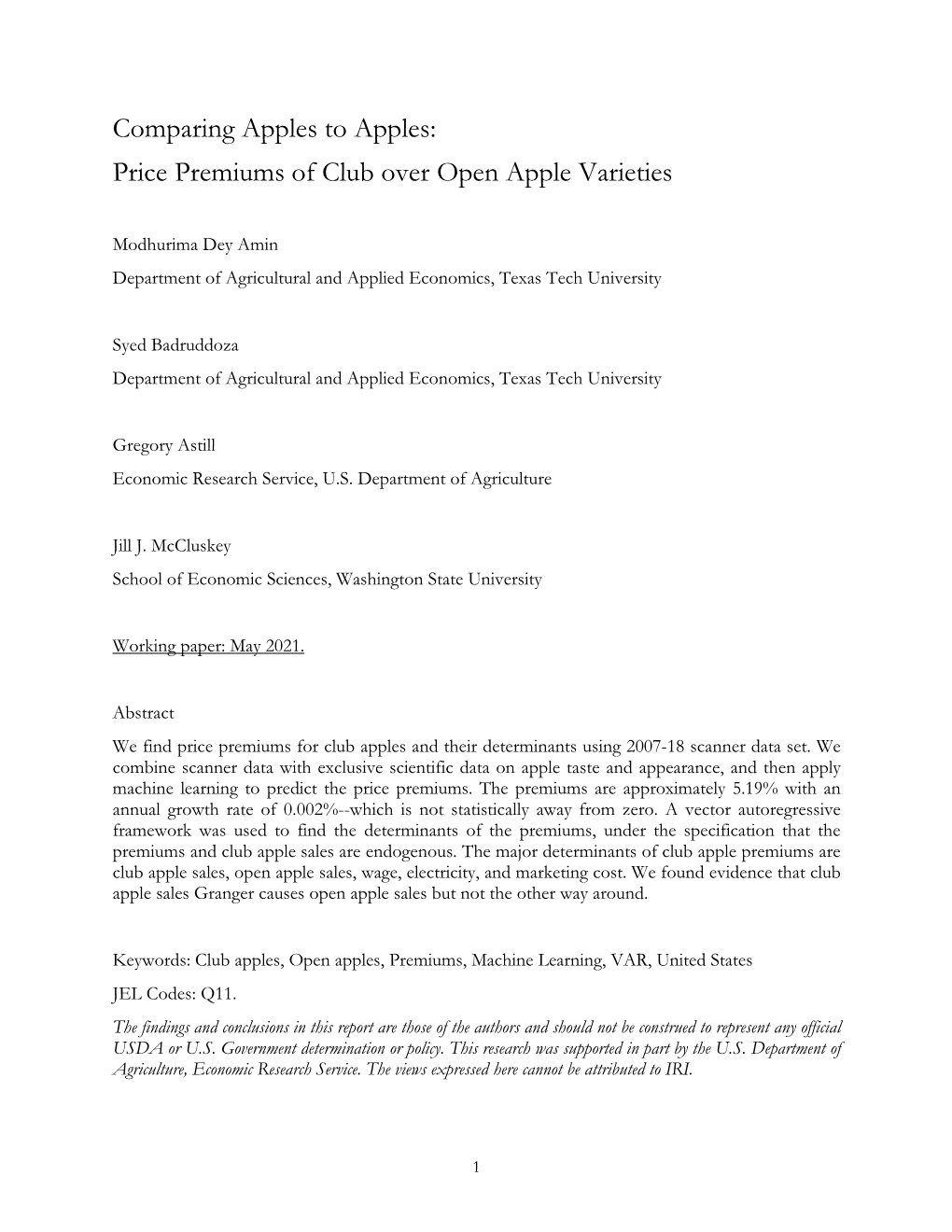 Price Premiums of Club Over Open Apple Varieties