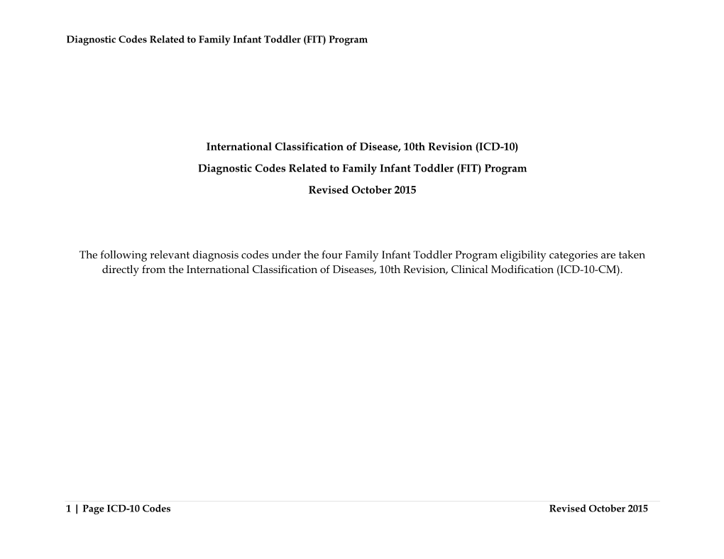 ICD-10) Diagnostic Codes Related to Family Infant Toddler (FIT) Program Revised October 2015
