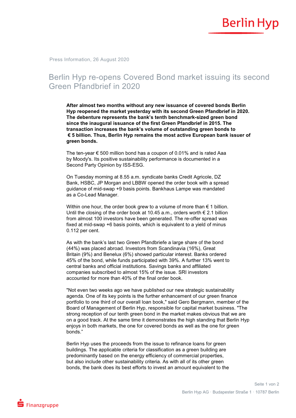 Berlin Hyp Re-Opens Covered Bond Market Issuing Its Second Green Pfandbrief in 2020