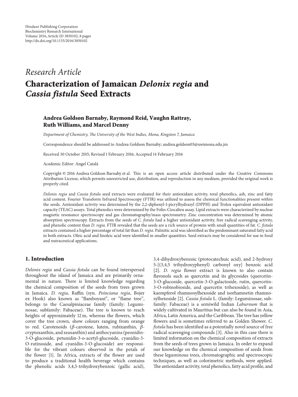 Characterization of Jamaican Delonix Regia and Cassia Fistula Seed Extracts