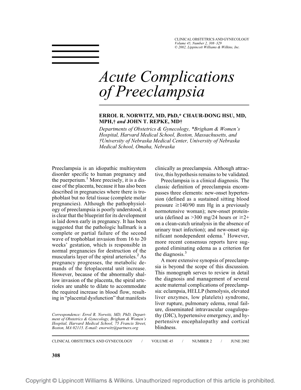 Acute Complications of Preeclampsia