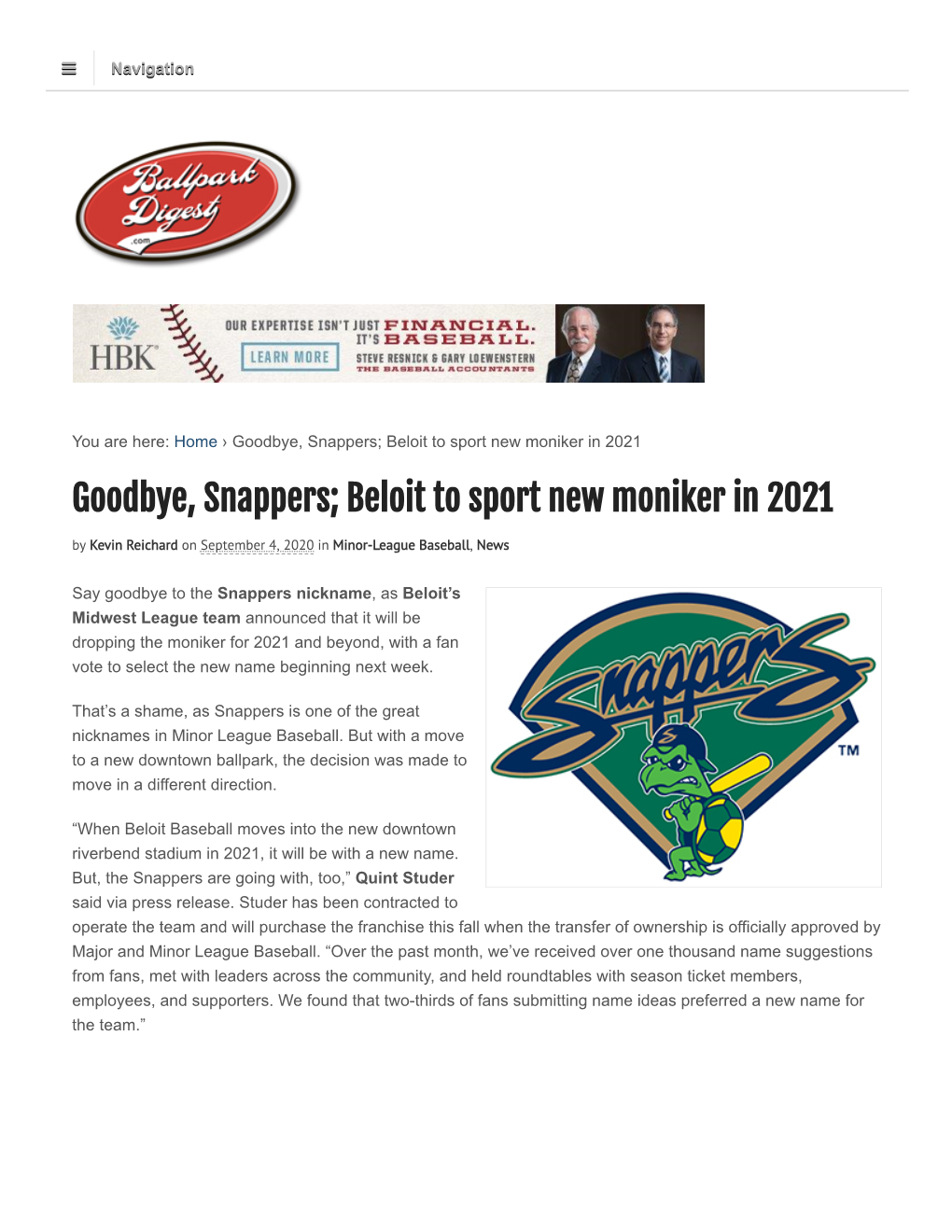 Goodbye, Snappers; Beloit to Sport New Moniker in 2021 Goodbye, Snappers; Beloit to Sport New Moniker in 2021