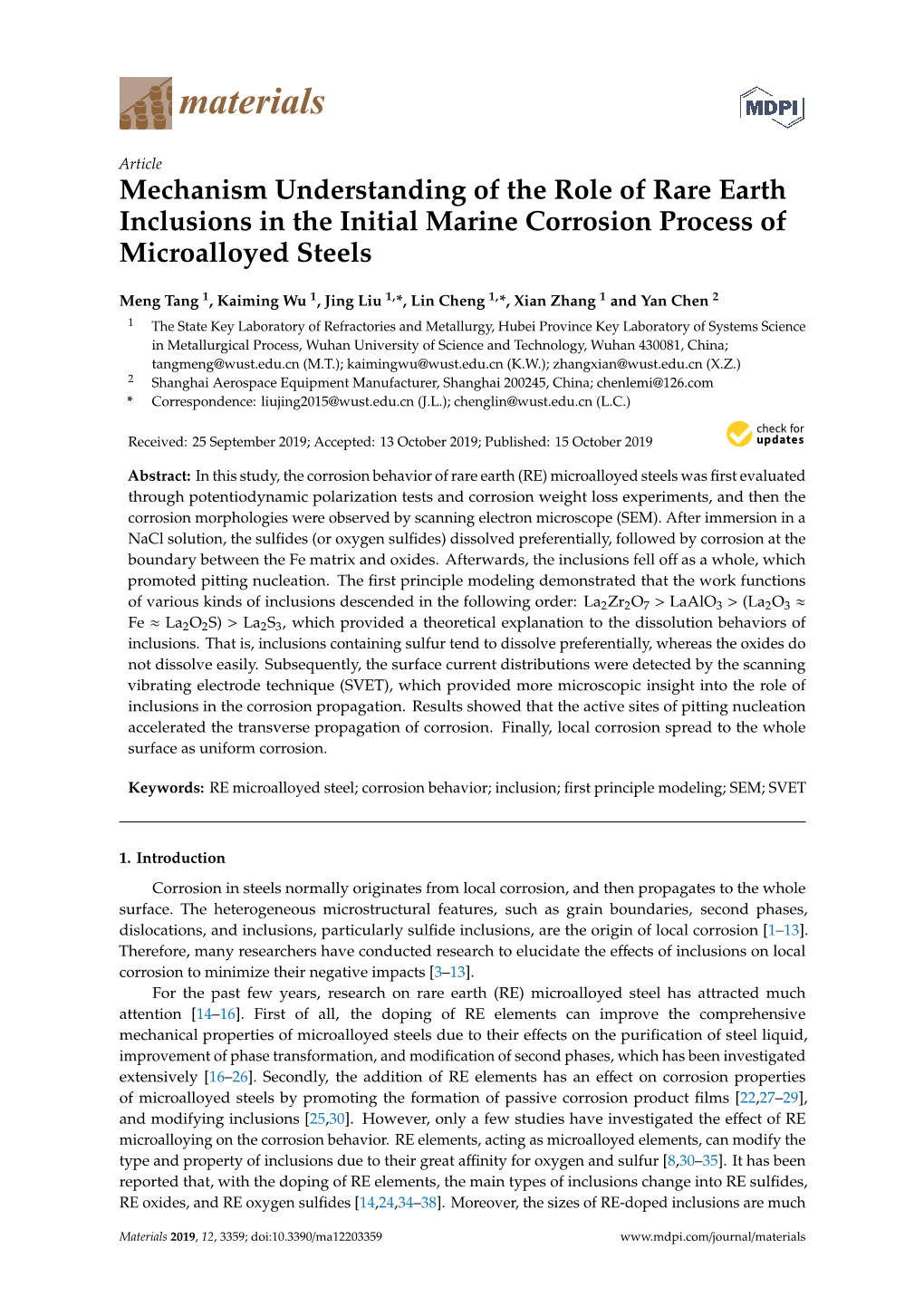 Mechanism Understanding of the Role of Rare Earth Inclusions in the Initial Marine Corrosion Process of Microalloyed Steels