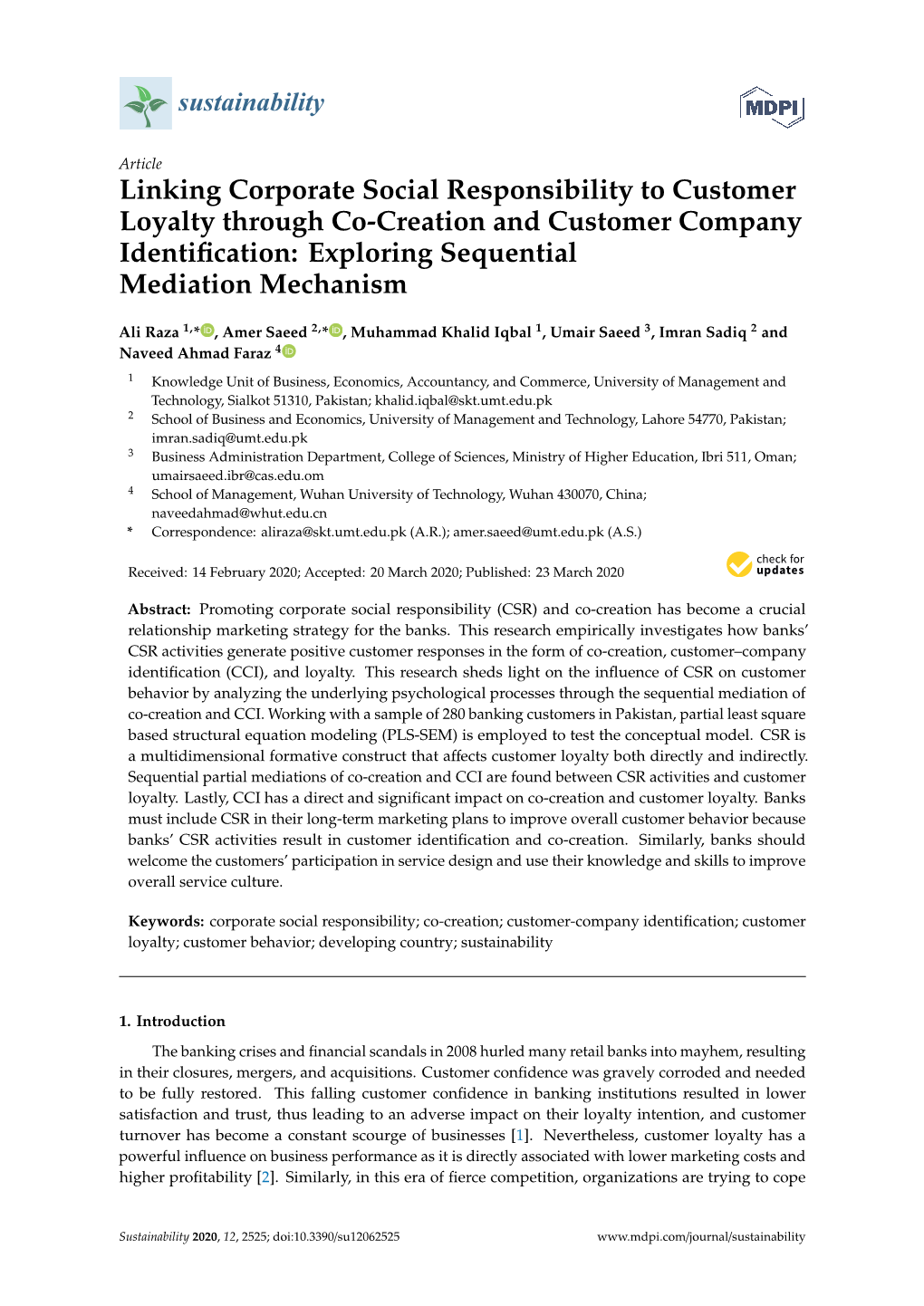 Linking Corporate Social Responsibility to Customer Loyalty Through Co-Creation and Customer Company Identiﬁcation: Exploring Sequential Mediation Mechanism