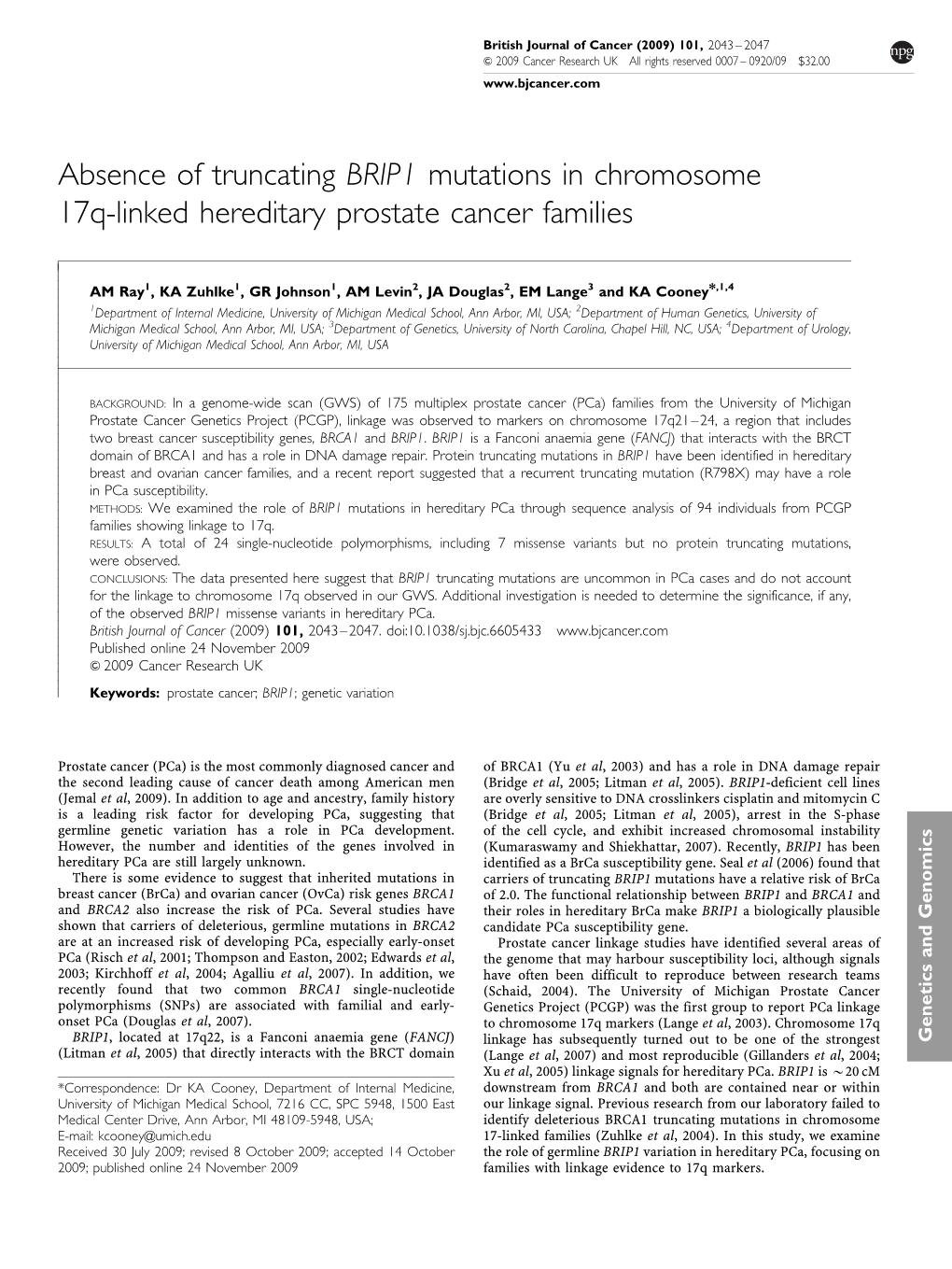 Absence of Truncating BRIP1 Mutations in Chromosome 17Q-Linked Hereditary Prostate Cancer Families