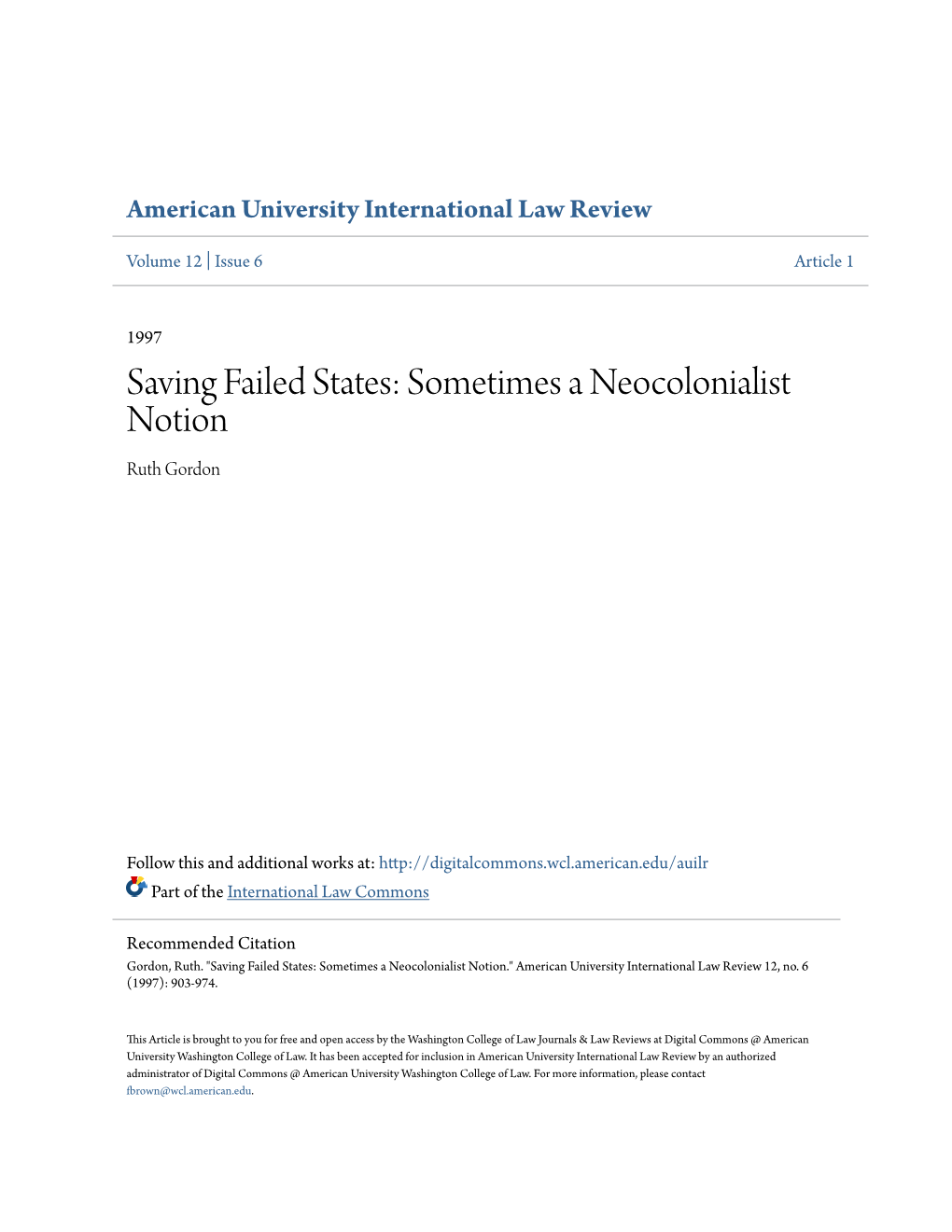 Saving Failed States: Sometimes a Neocolonialist Notion Ruth Gordon