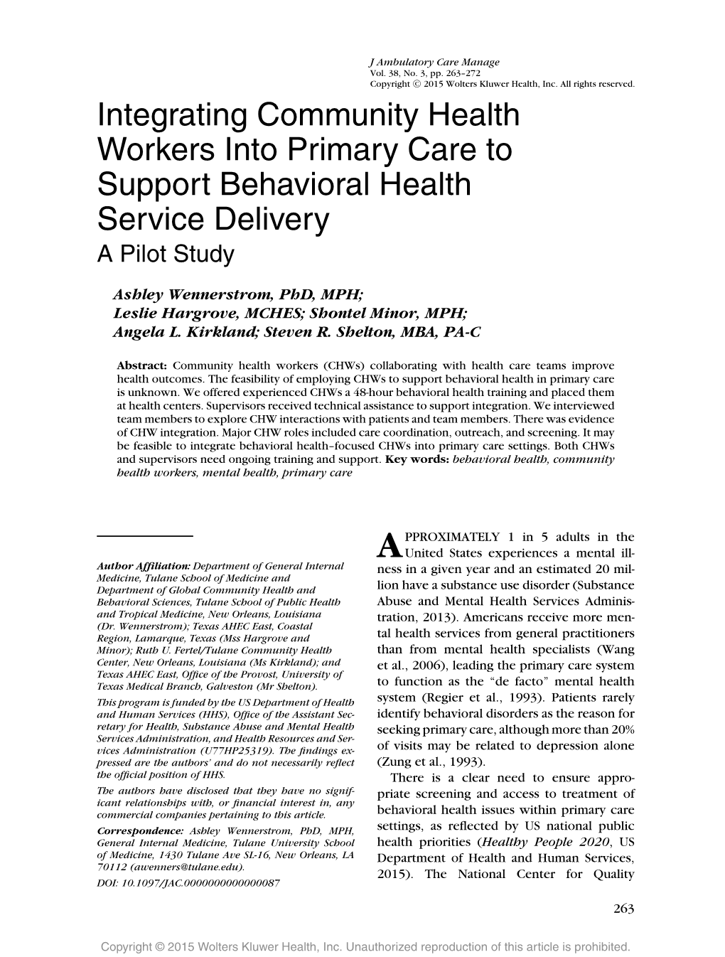 Integrating Community Health Workers Into Primary Care to Support Behavioral Health Service Delivery a Pilot Study