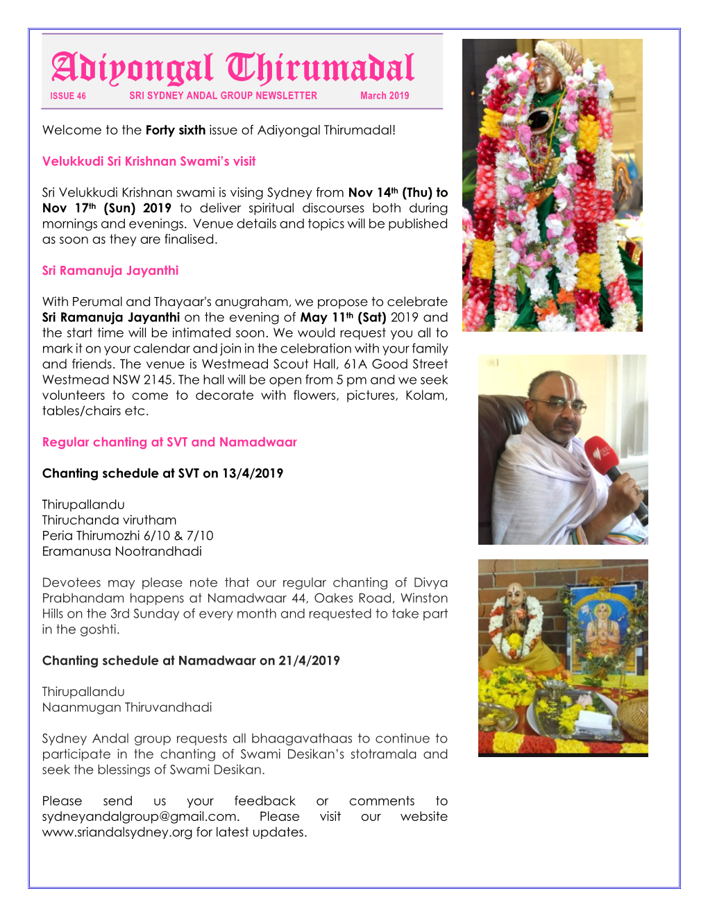 Adiyongal Thirumadal ISSUE 46 SRI SYDNEY ANDAL GROUP NEWSLETTER March 2019