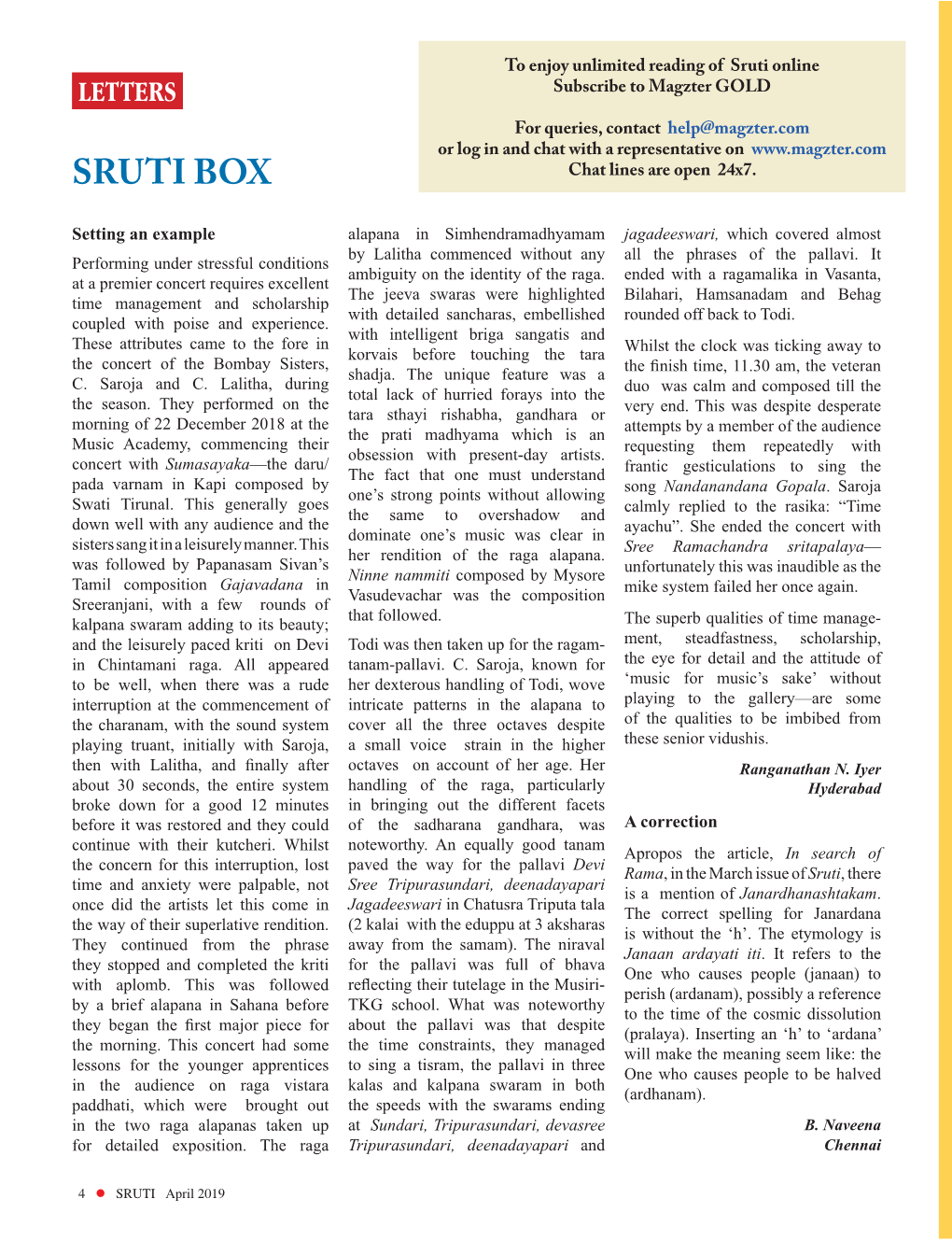 Sruti Online LETTERS Subscribe to Magzter GOLD