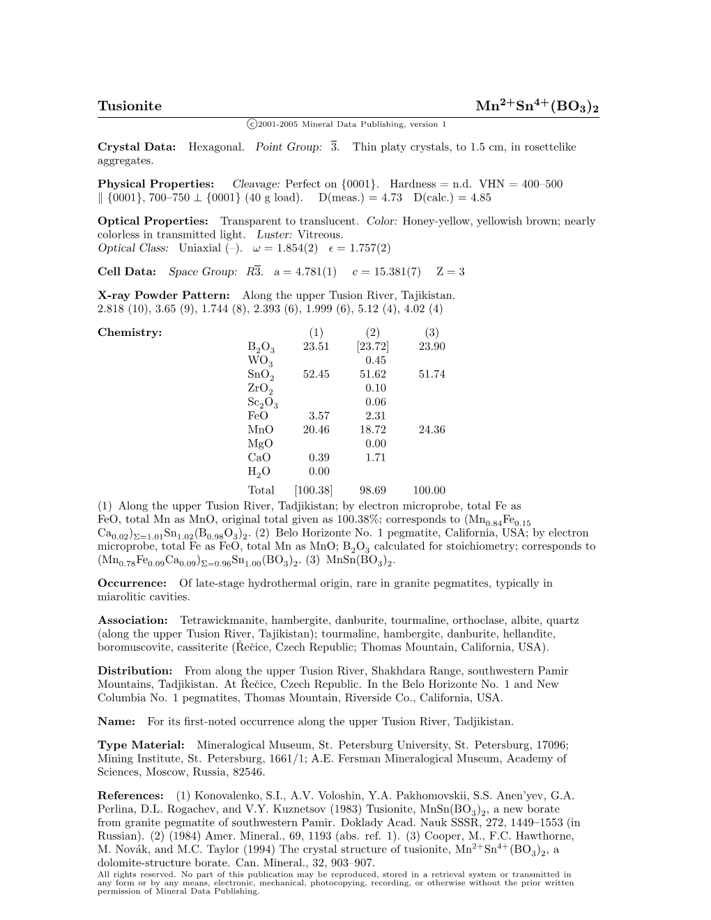 Tusionite Mn2+Sn4+(BO3)