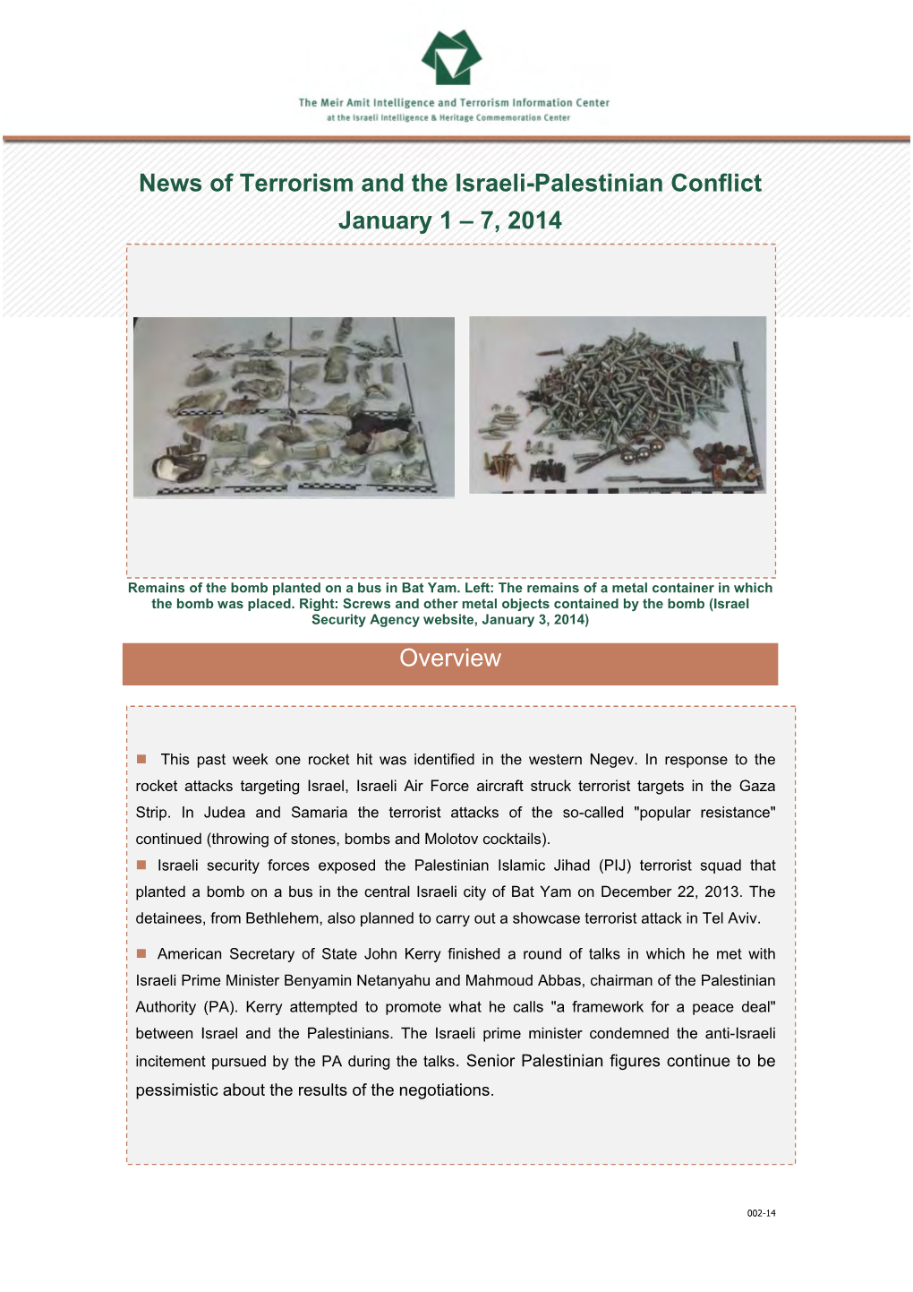 News of Terrorism and the Israeli-Palestinian Conflict January 1 – 7, 2014