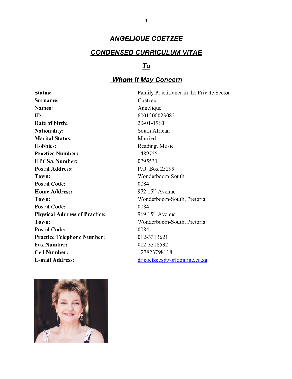 HQA CV Dr Angelique Coetzee.Pdf