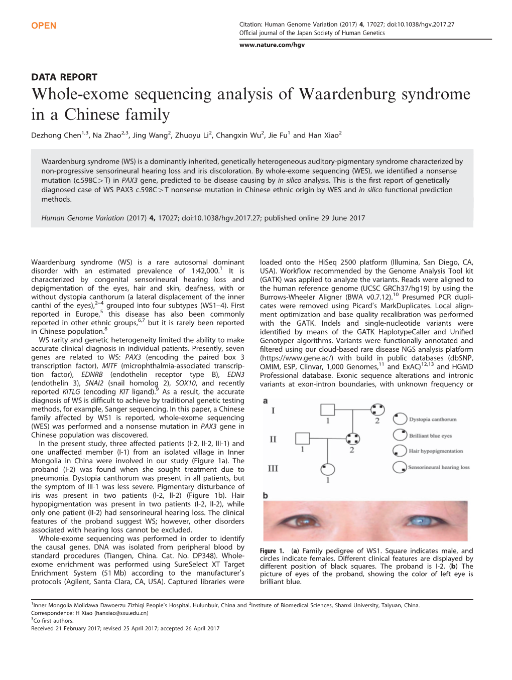 Whole-Exome Sequencing Analysis of Waardenburg Syndrome in a Chinese Family