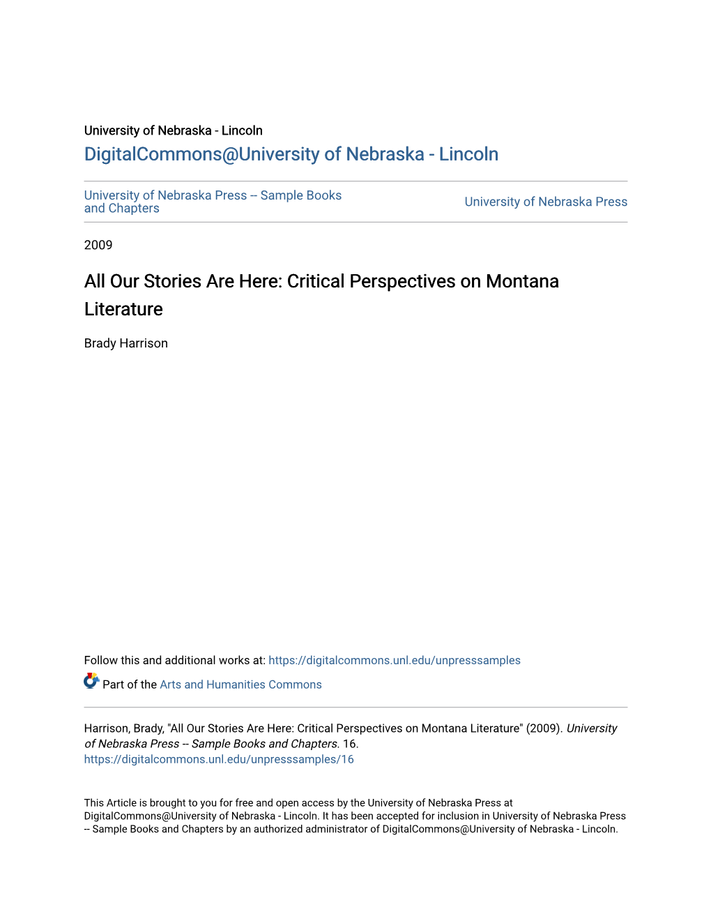 All Our Stories Are Here: Critical Perspectives on Montana Literature