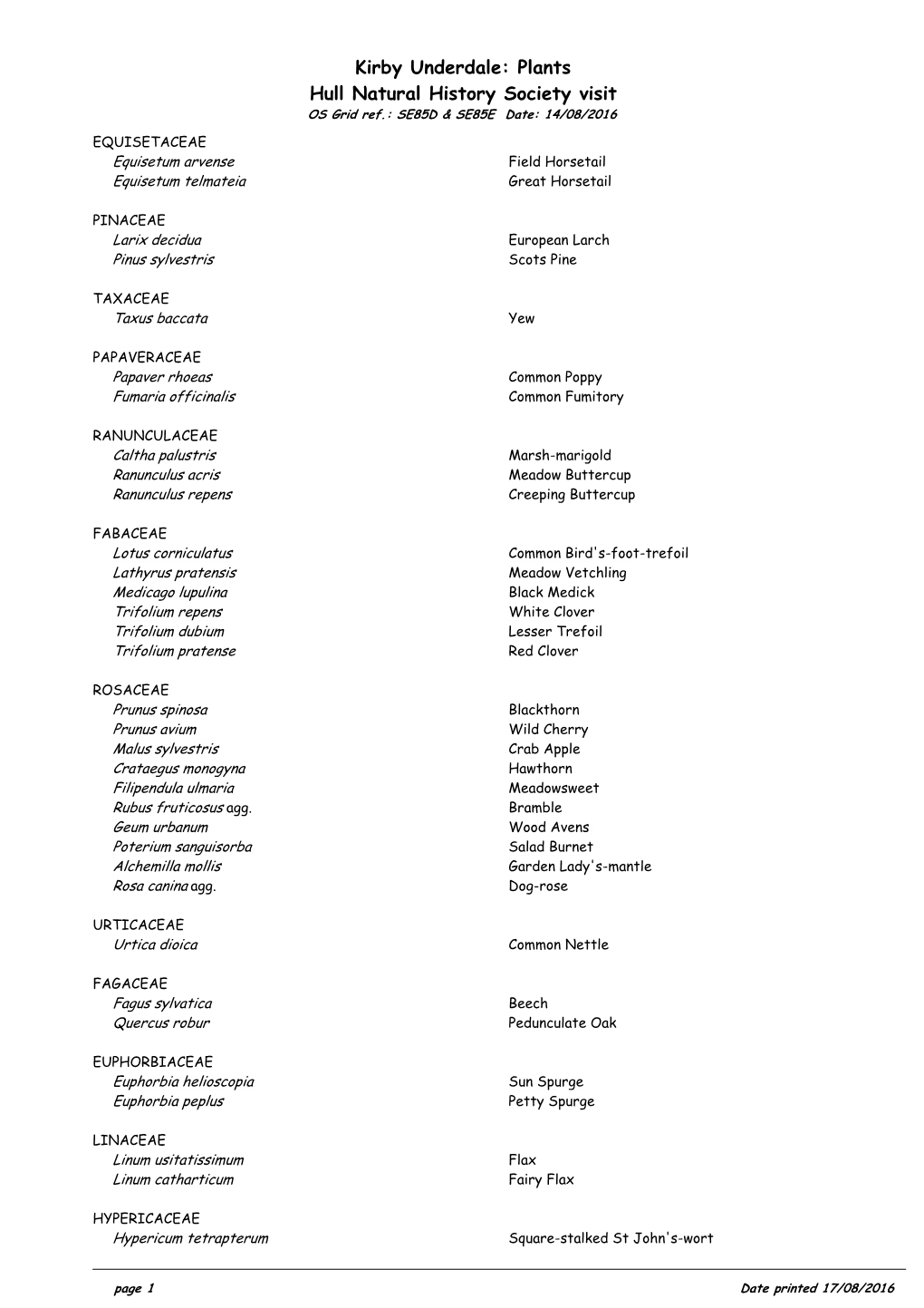 Kirby Underdale: Plants Hull Natural History Society Visit OS Grid Ref.: SE85D & SE85E Date: 14/08/2016