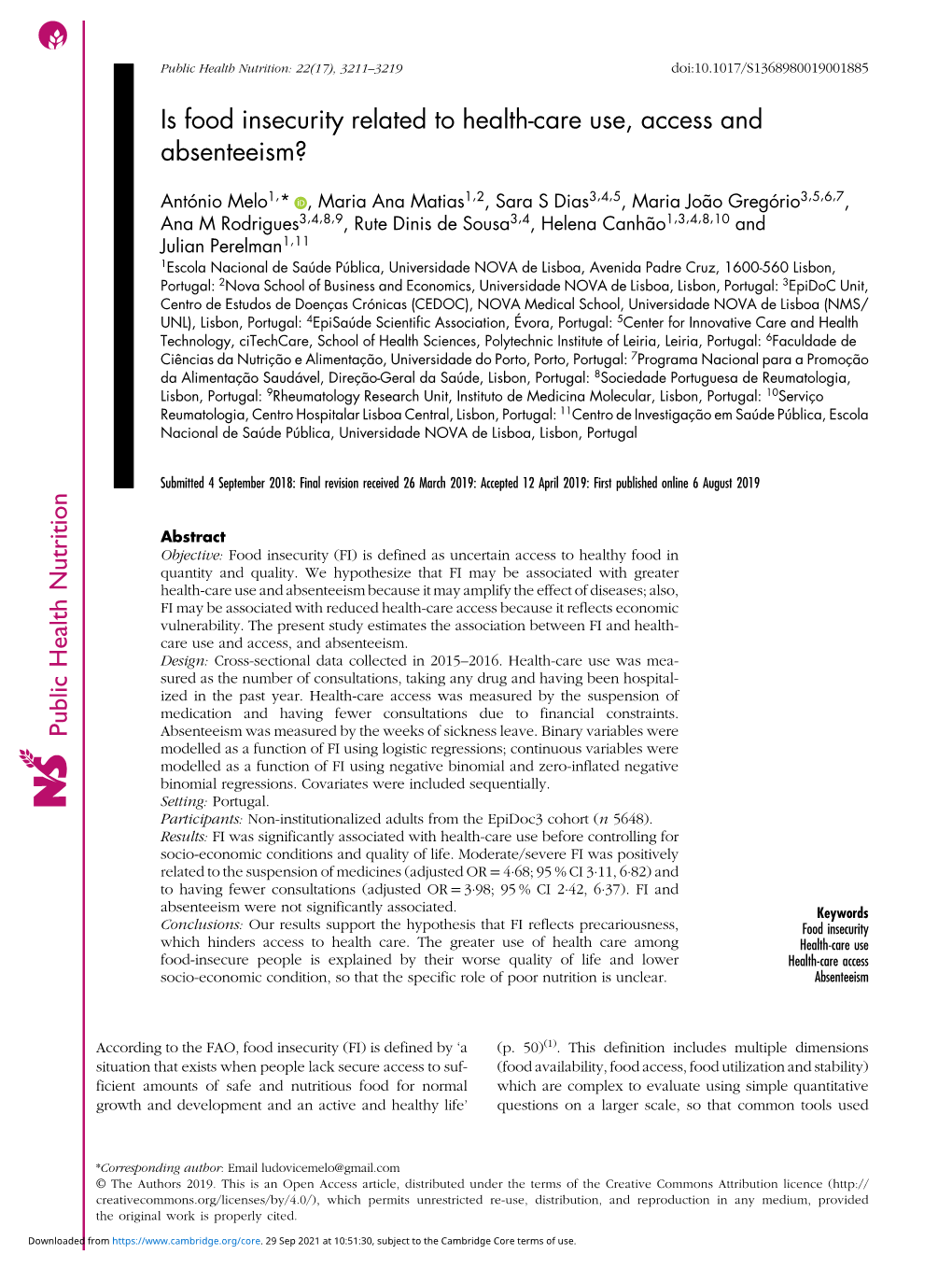 Is Food Insecurity Related to Health-Care Use, Access and Absenteeism?