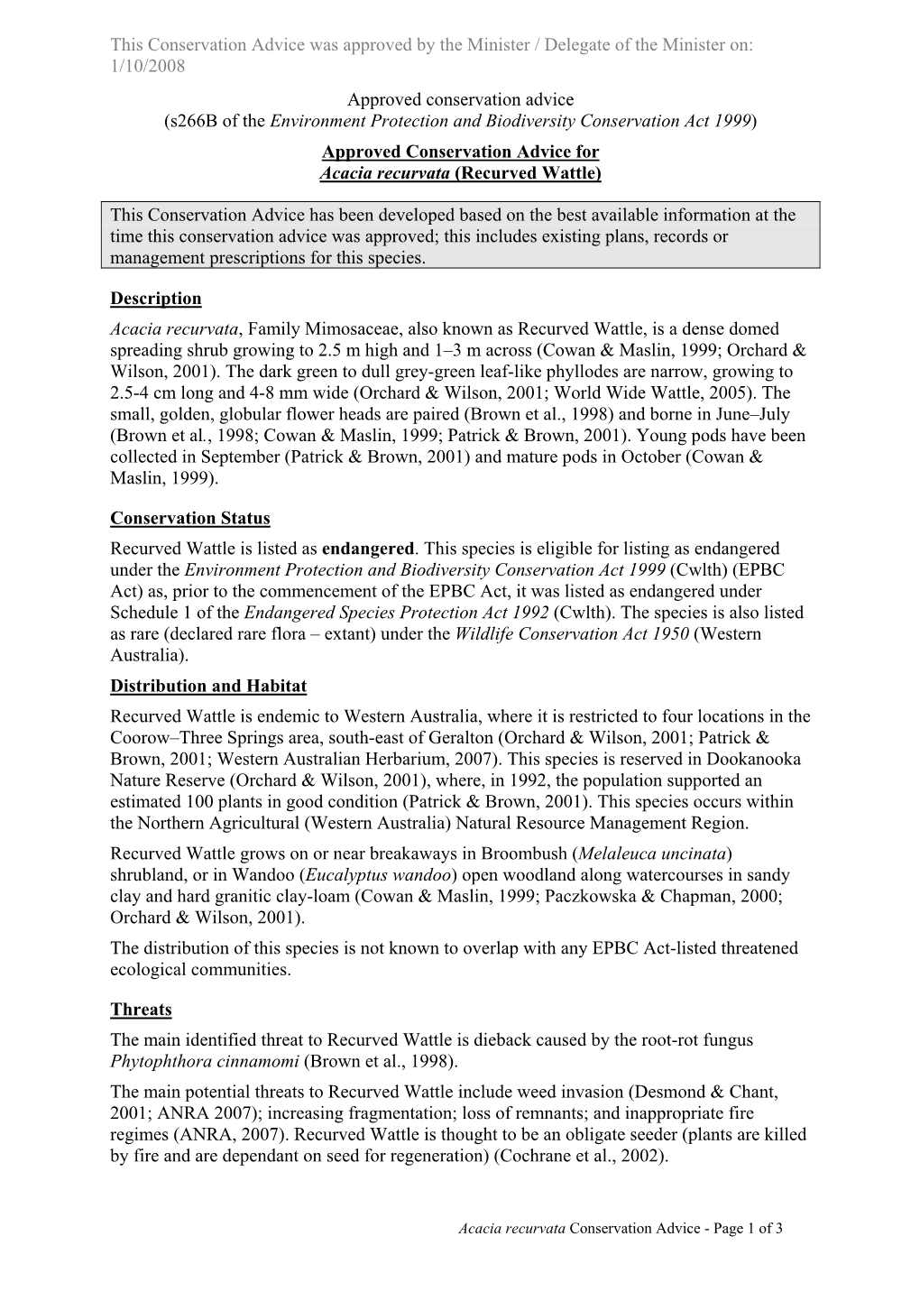 Approved Conservation Advice for Acacia Recurvata (Recurved Wattle)