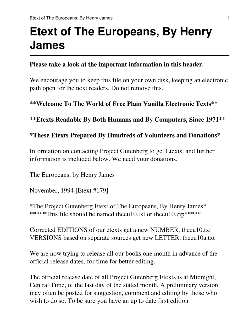 Etext of the Europeans, by Henry James 1 Etext of the Europeans, by Henry James