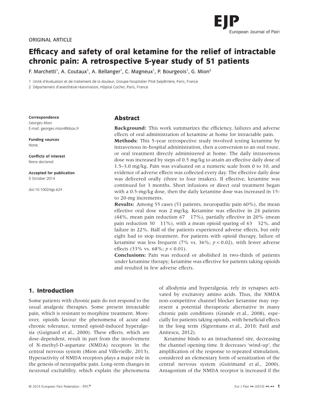 Efficacy and Safety of Oral Ketamine for the Relief of Intractable Chronic Pain