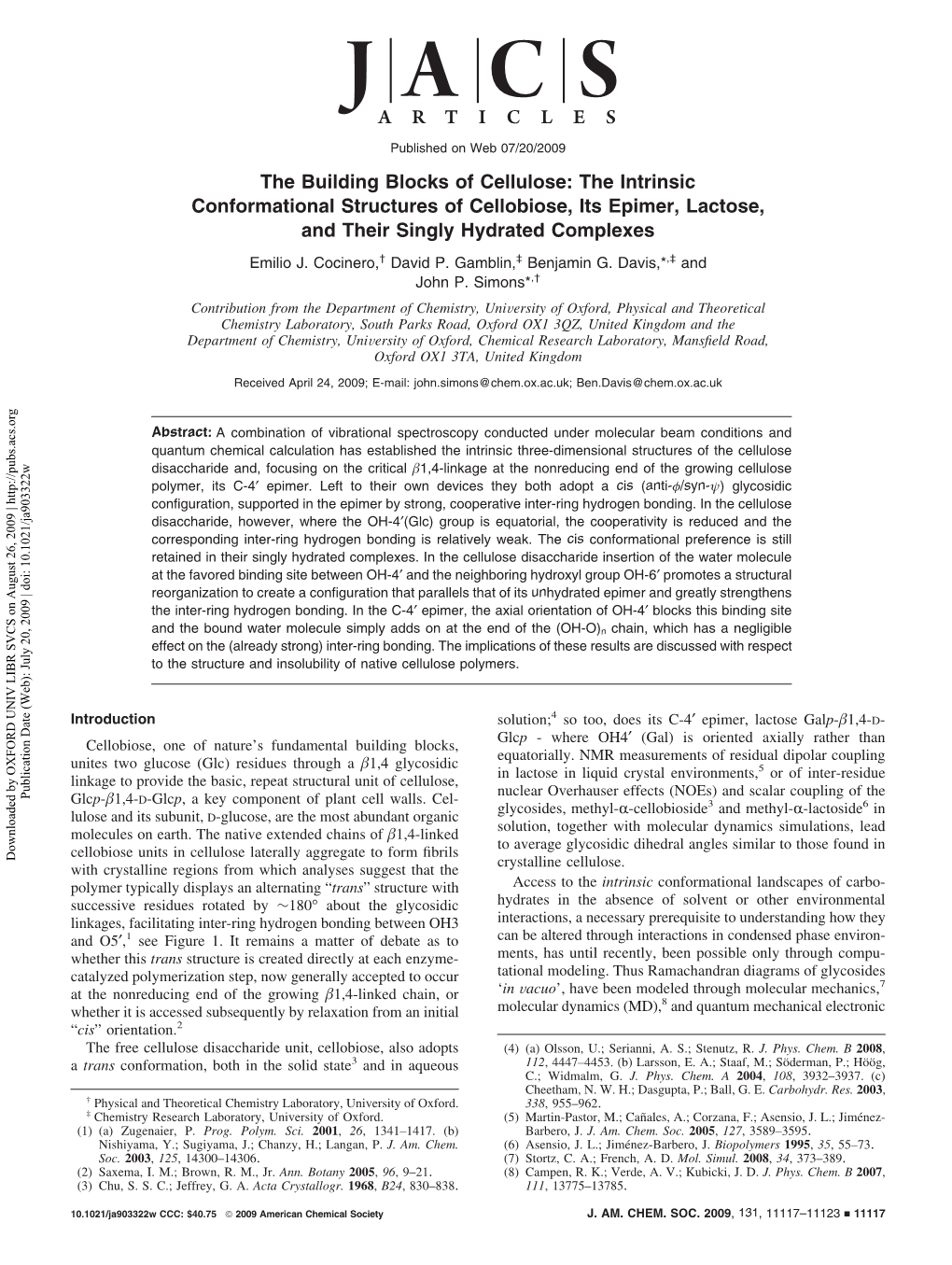 The Building Blocks of Cellulose: the Intrinsic Conformational Structures of Cellobiose, Its Epimer, Lactose, and Their Singly Hydrated Complexes Emilio J