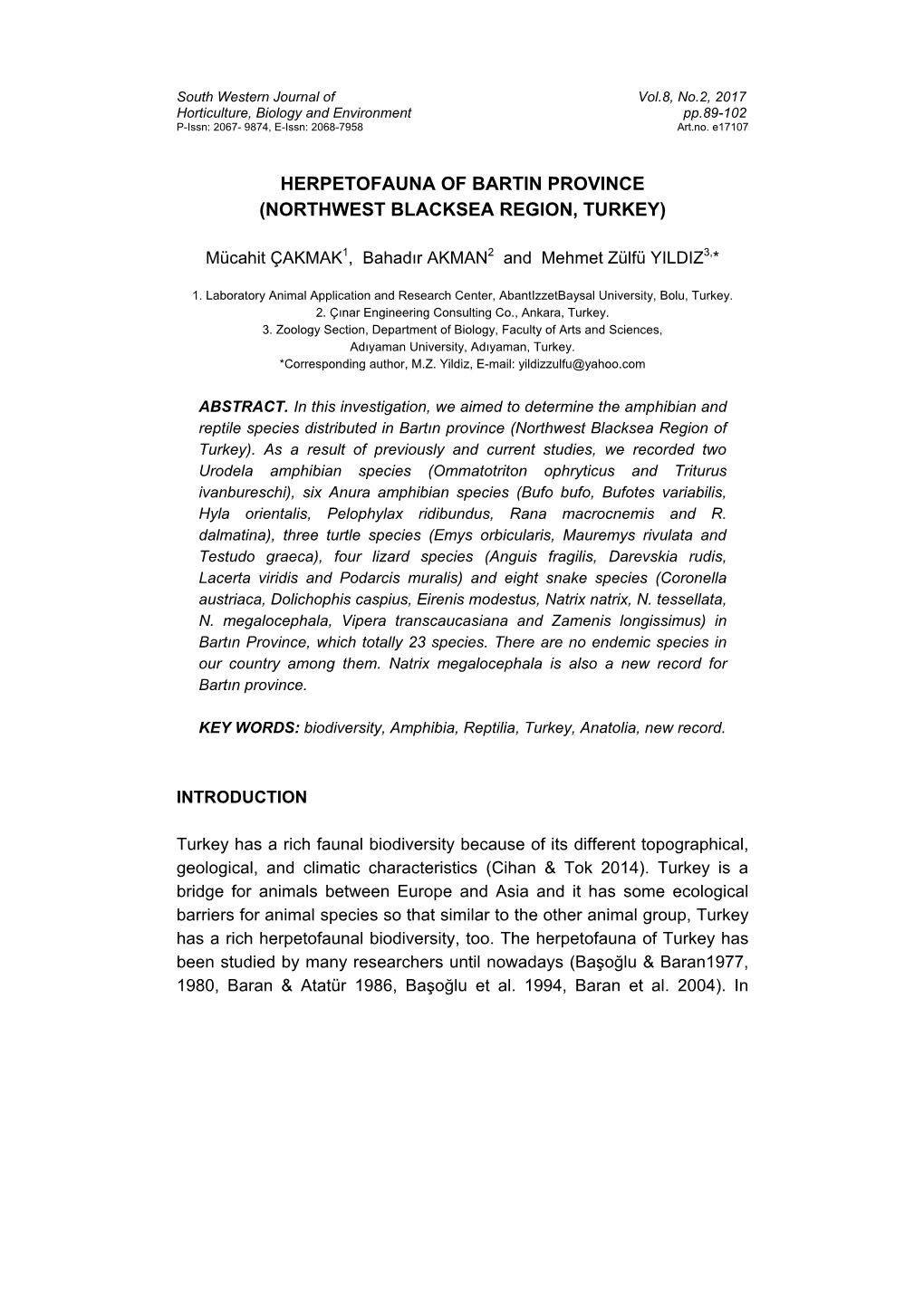 Herpetofauna of Bartin Province (Northwest Blacksea Region, Turkey)