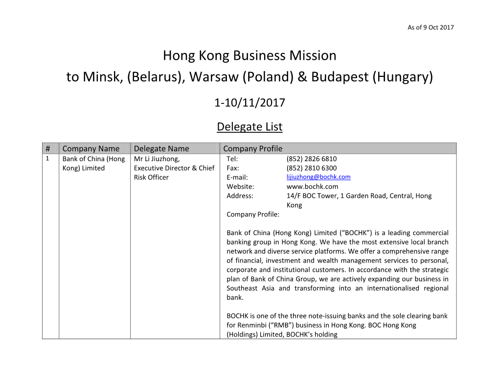 Hong Kong Business Mission to Minsk, (Belarus), Warsaw (Poland) & Budapest (Hungary) 1-10/11/2017 Delegate List